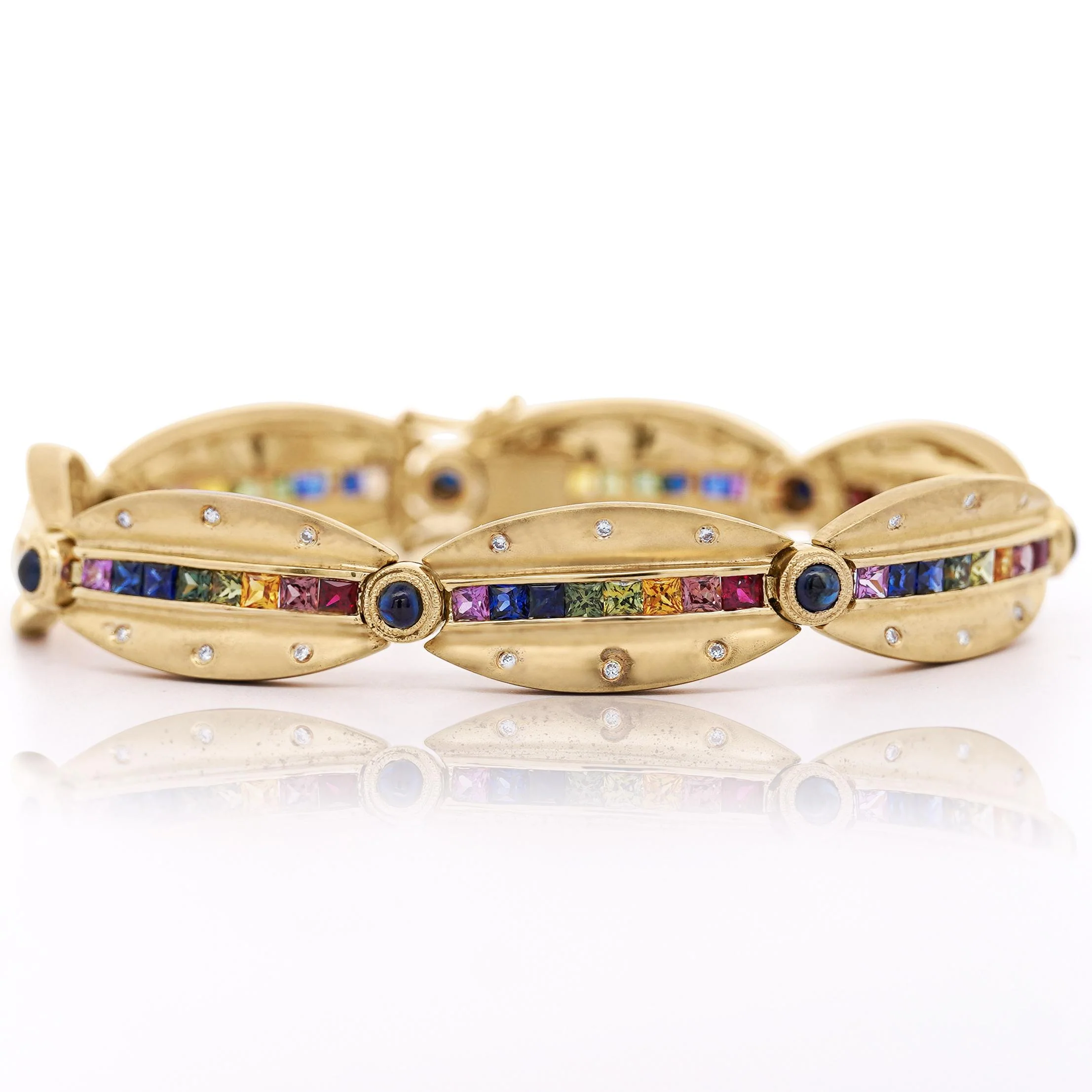 6.25 Carat Rainbow Sapphire & Diamond 18K Gold Matte Link Bracelet - Image 4