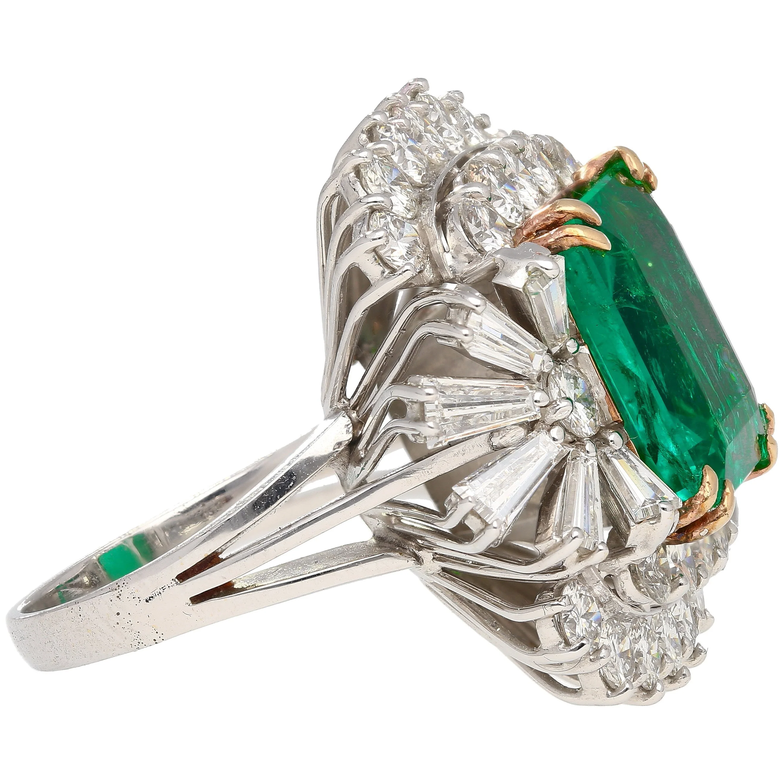 6.26 Carat Emerald Cut Emerald with Trillion and Round Cut Diamond Side Stone Ring in 18K White, Yellow Gold - Image 3