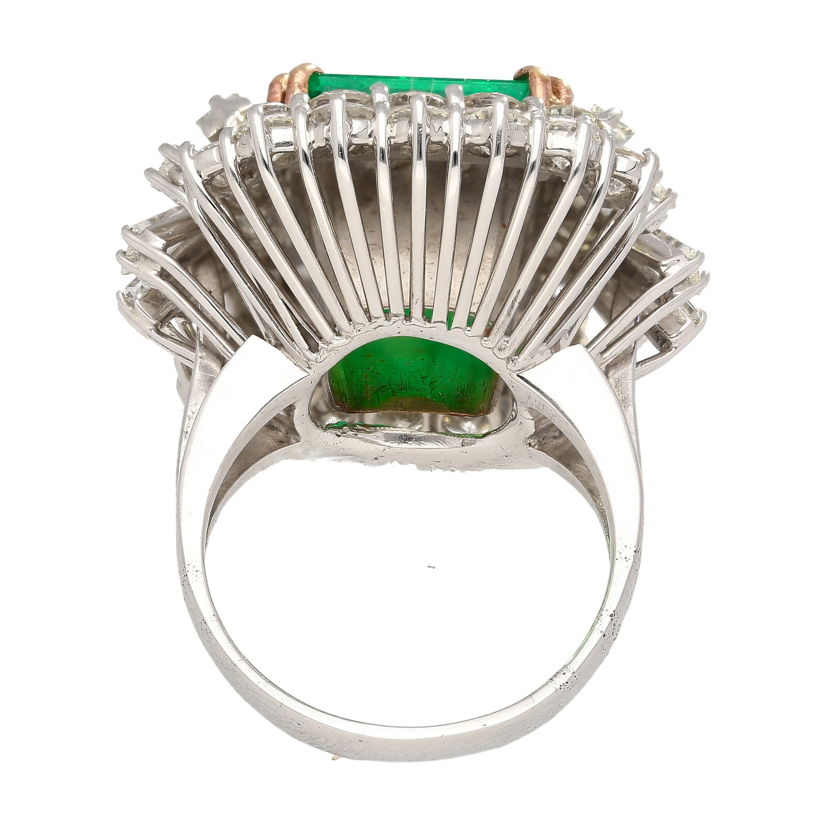 6.26 Carat Emerald Cut Emerald with Trillion and Round Cut Diamond Side Stone Ring in 18K White, Yellow Gold - Image 4