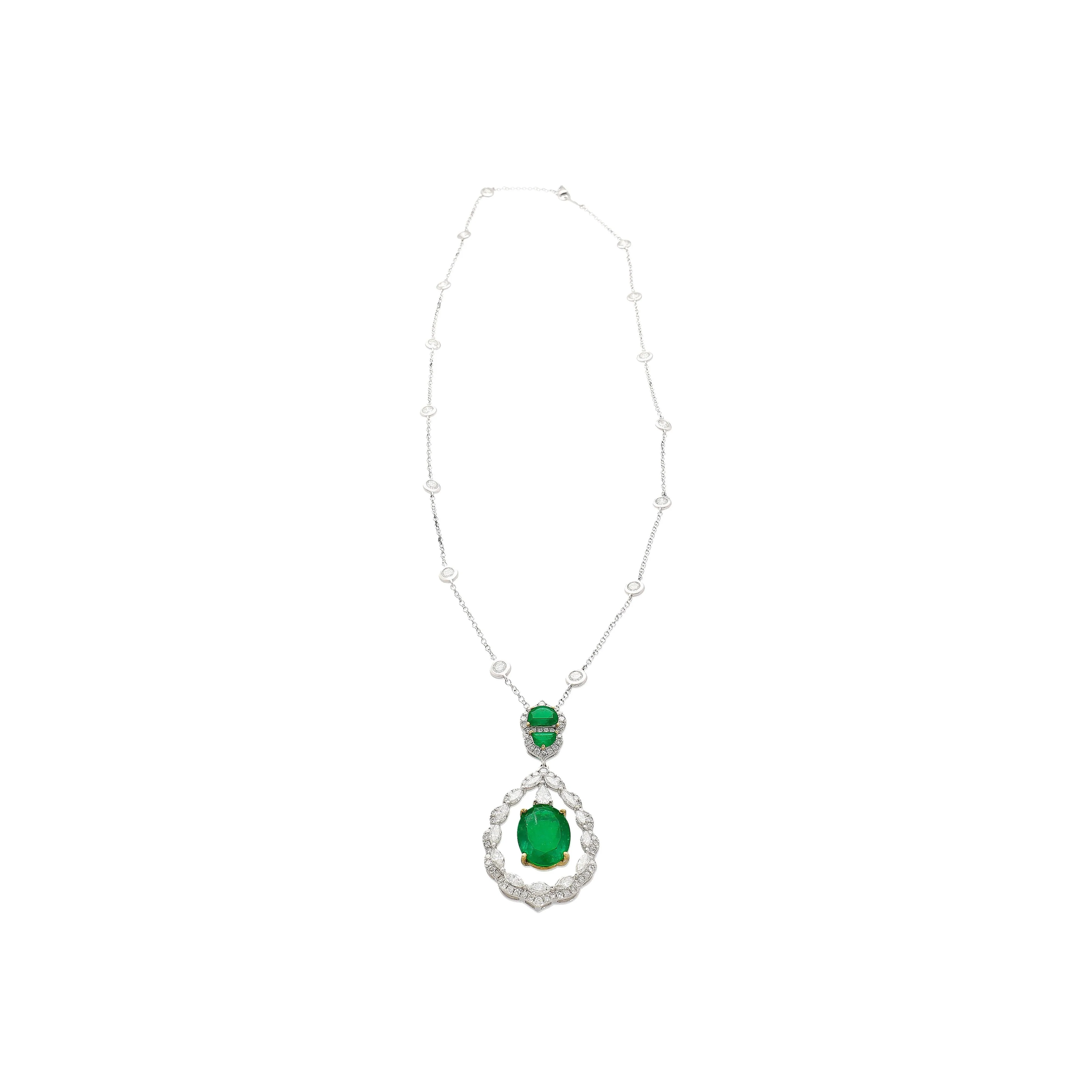 6.42 Carat Oval Emerald Drop & Diamond Halo Pendant Necklace - Image 3