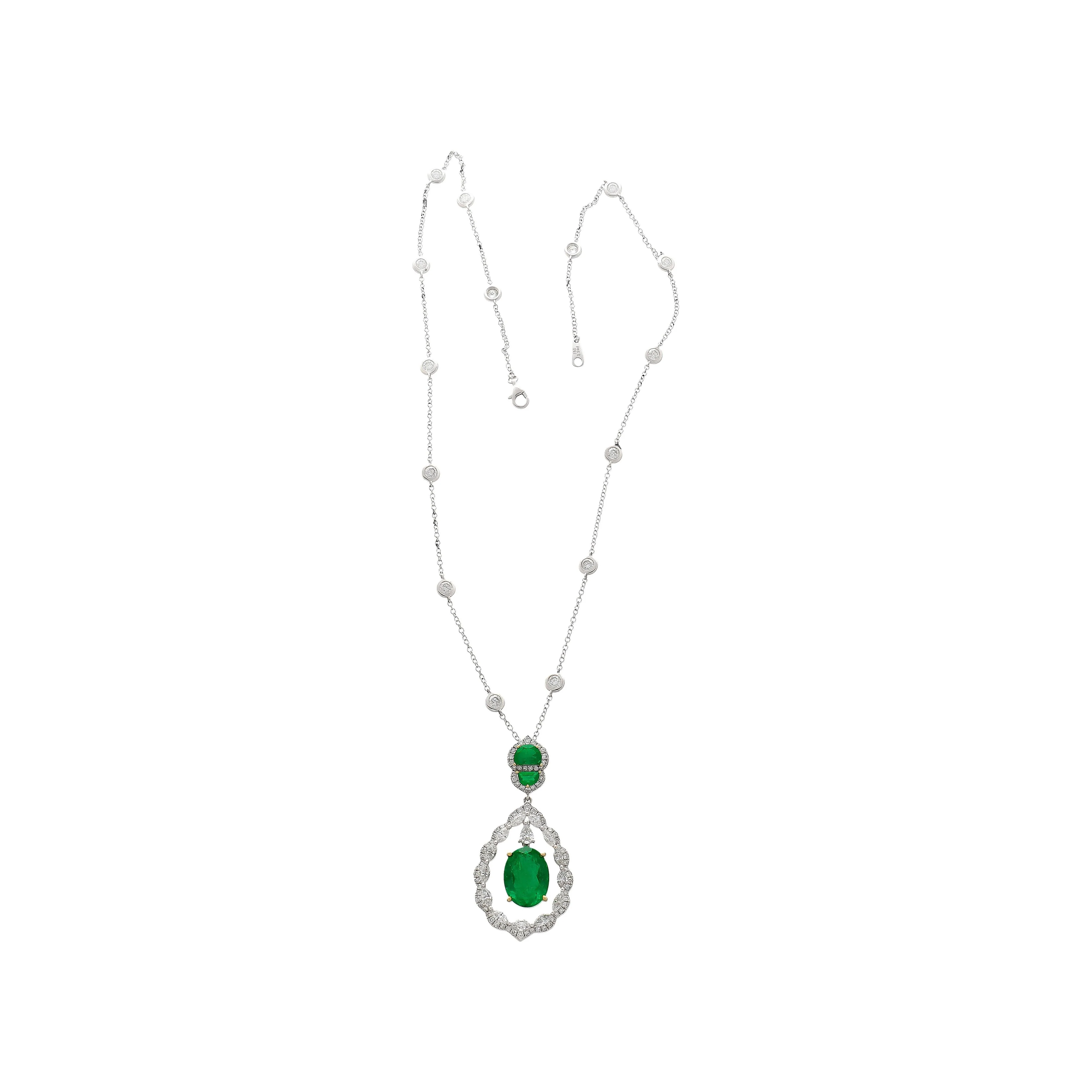 6.42 Carat Oval Emerald Drop & Diamond Halo Pendant Necklace - Image 4