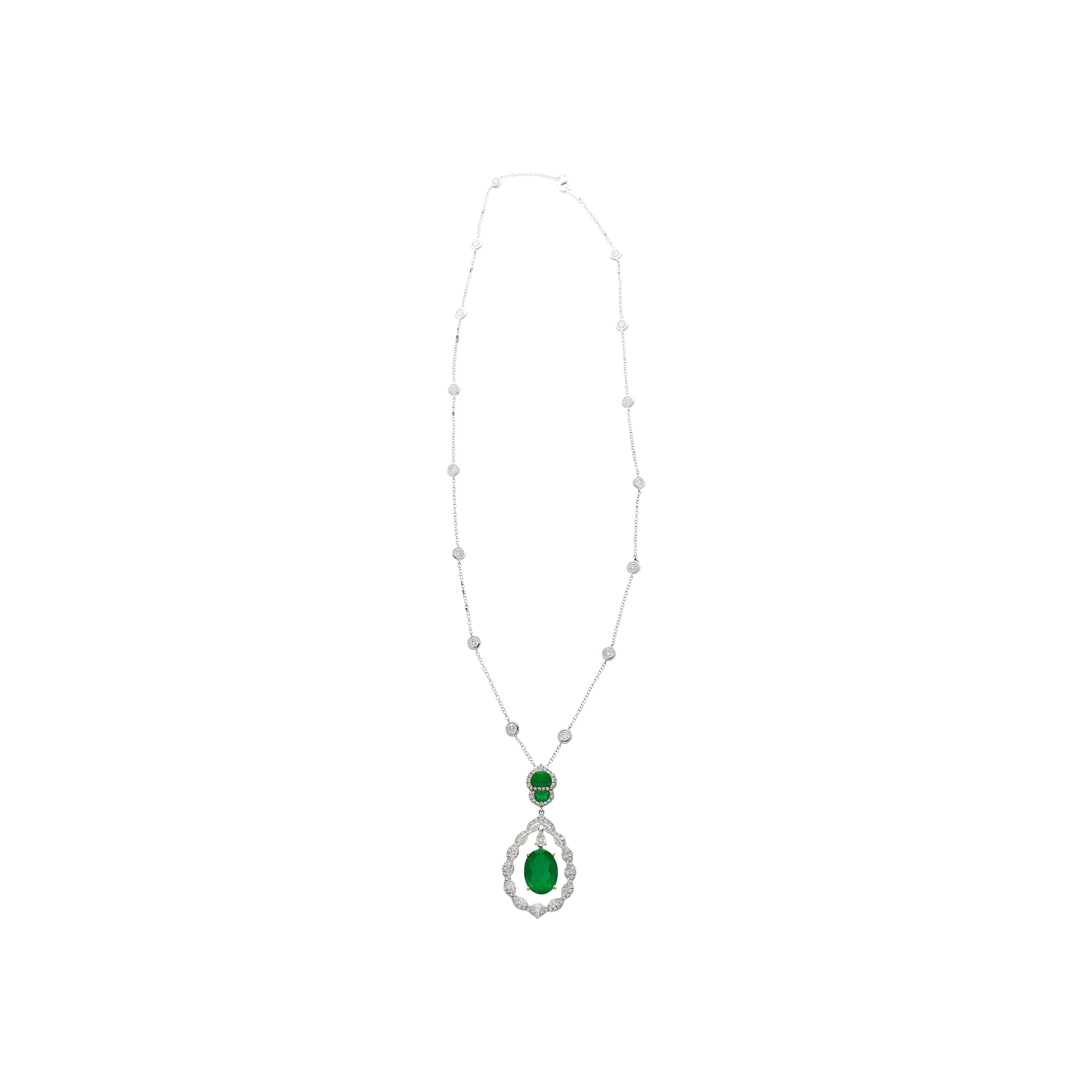 6.42 Carat Oval Emerald Drop & Diamond Halo Pendant Necklace - Image 6