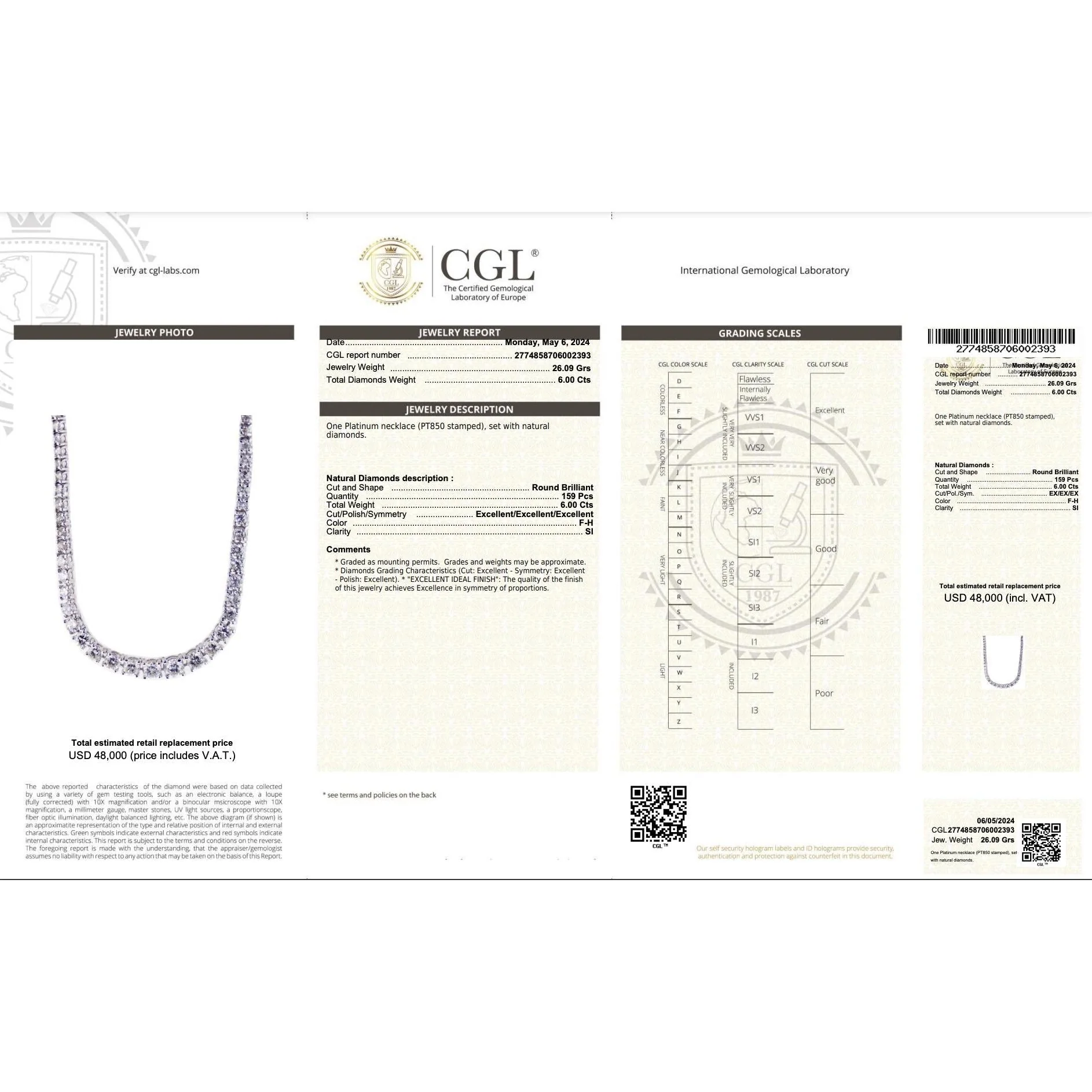 6 Carat Natural Diamond Riviera Graduated Tennis Necklace Platinum 17" 4-Prong - Image 8