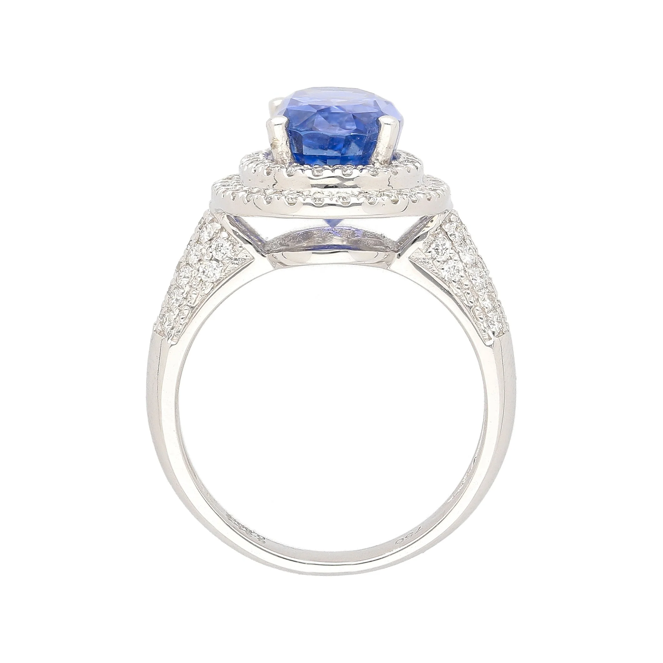 6.34 Carat No Heat Oval Cut Blue Sapphire and Diamond Halo 18K Ring GRS Certified - Image 4