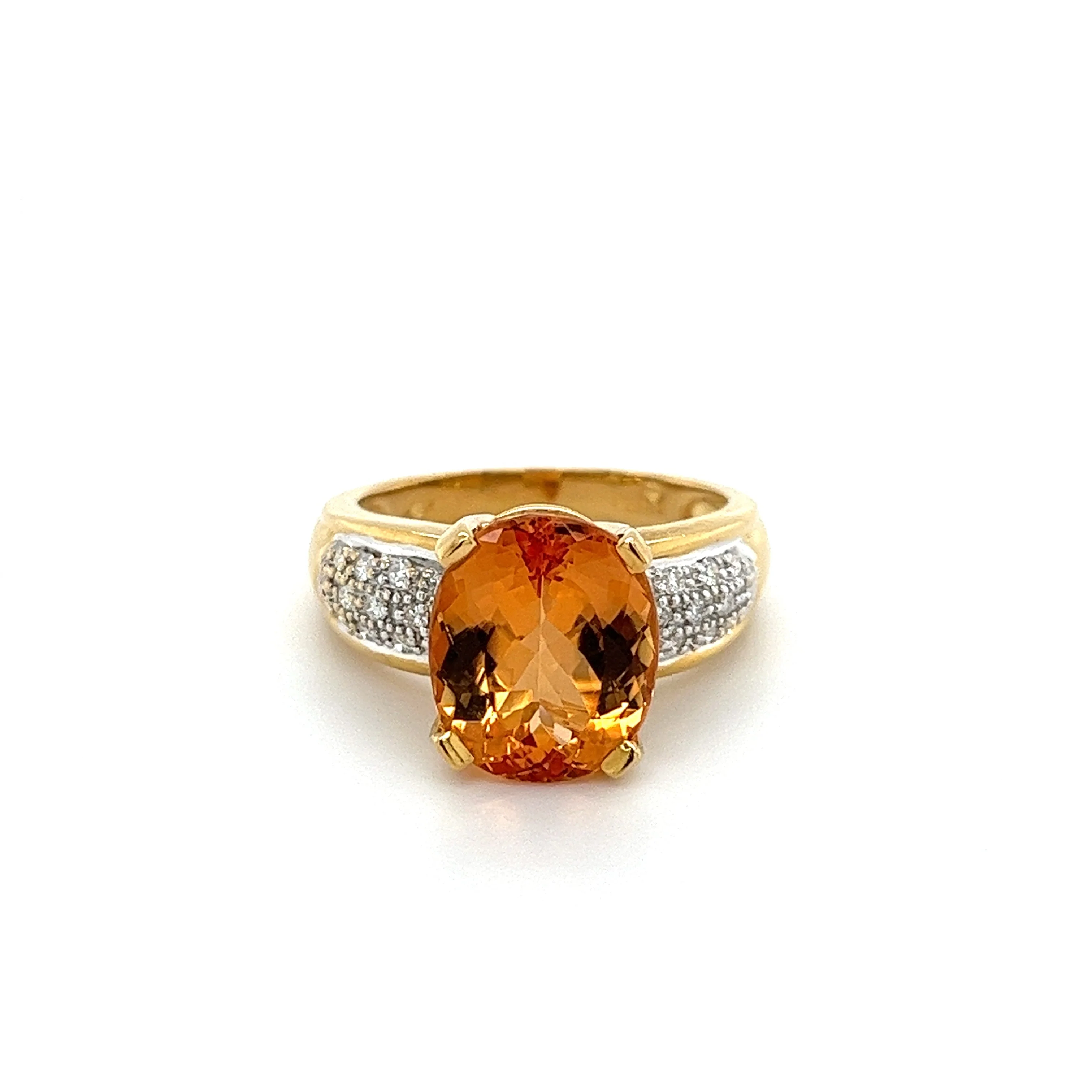 Vintage 6 Carat Oval Cut Orange Topaz and Round Cut Diamond Ring in 18K Solid Gold - Image 2