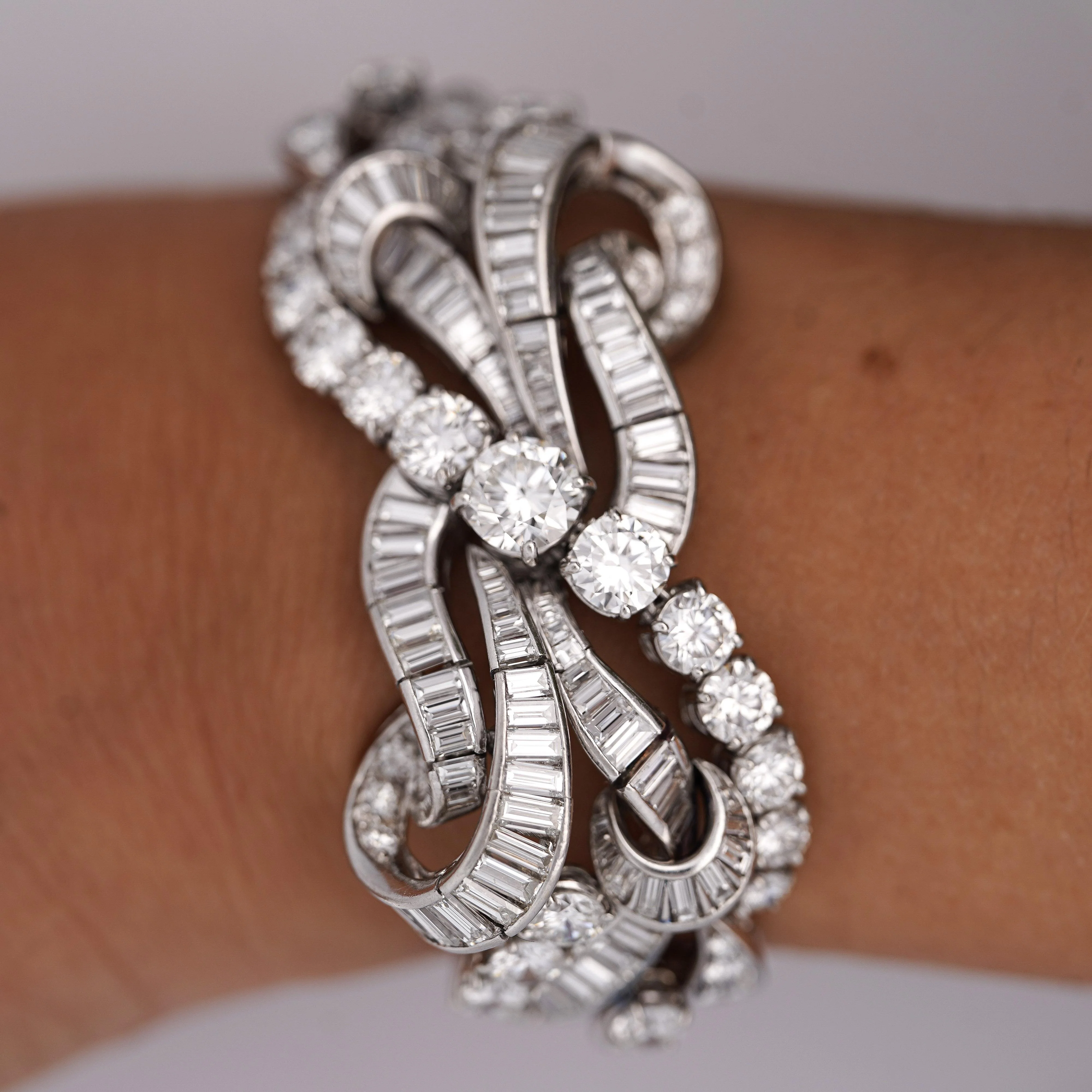 60 Carat Baguette & Round Cut Diamond in Platinum Retro Scroll Design Bracelet - Image 10