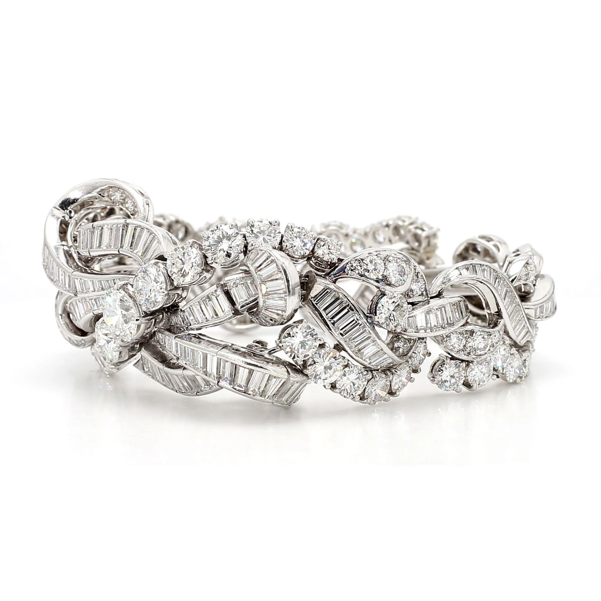 60 Carat Baguette & Round Cut Diamond in Platinum Retro Scroll Design Bracelet - Image 4