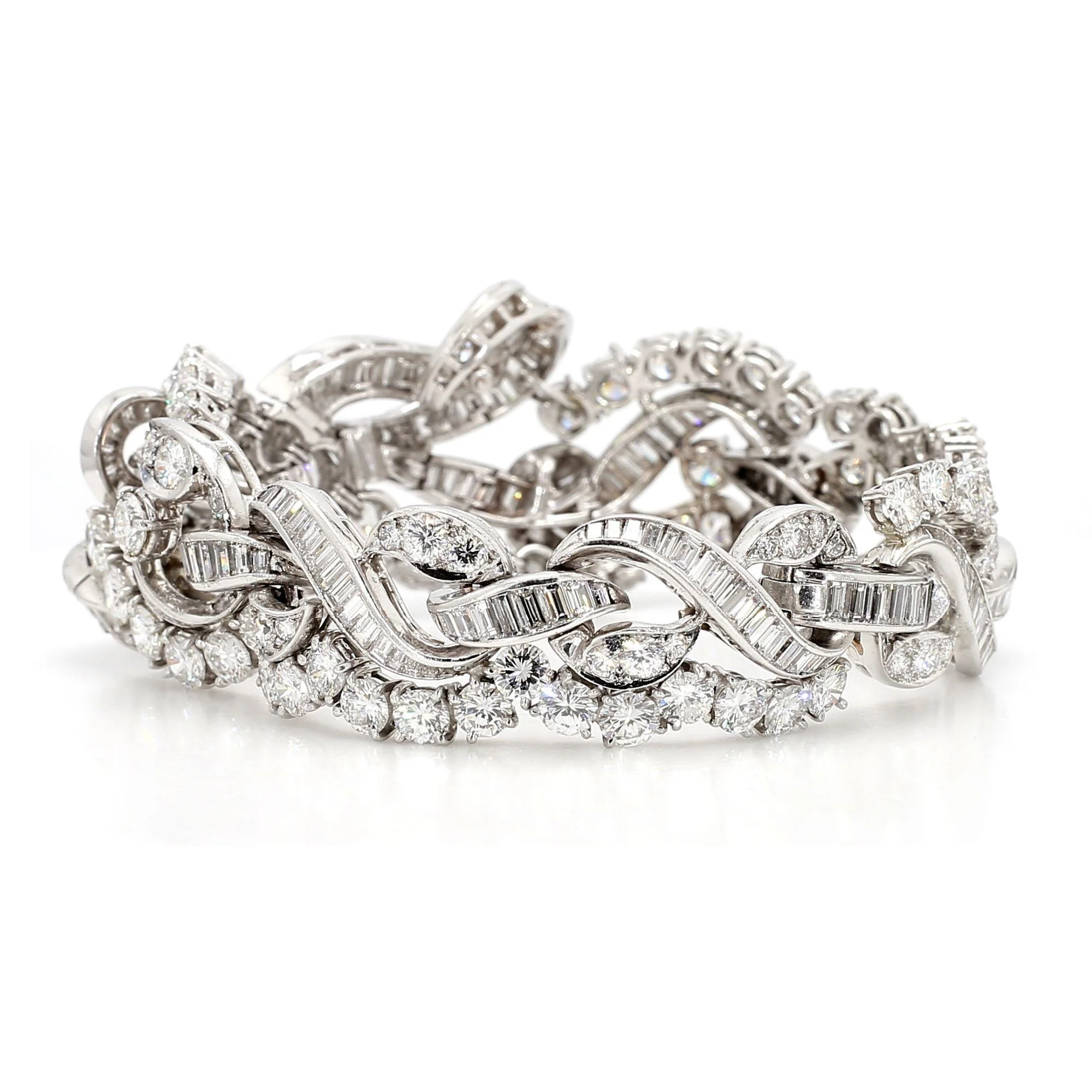 60 Carat Baguette & Round Cut Diamond in Platinum Retro Scroll Design Bracelet - Image 5