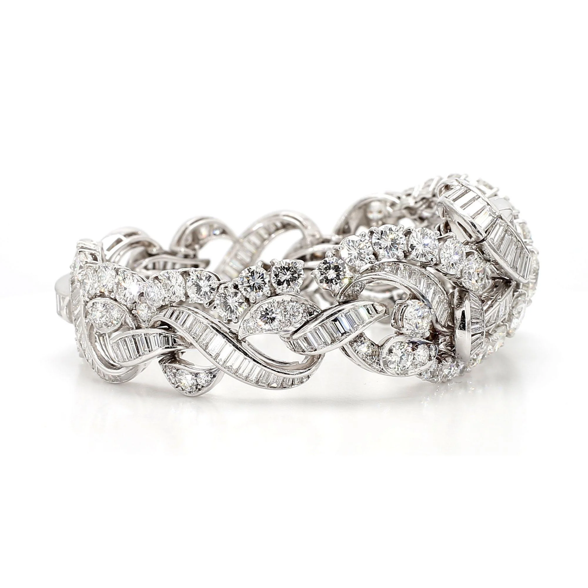 60 Carat Baguette & Round Cut Diamond in Platinum Retro Scroll Design Bracelet - Image 7