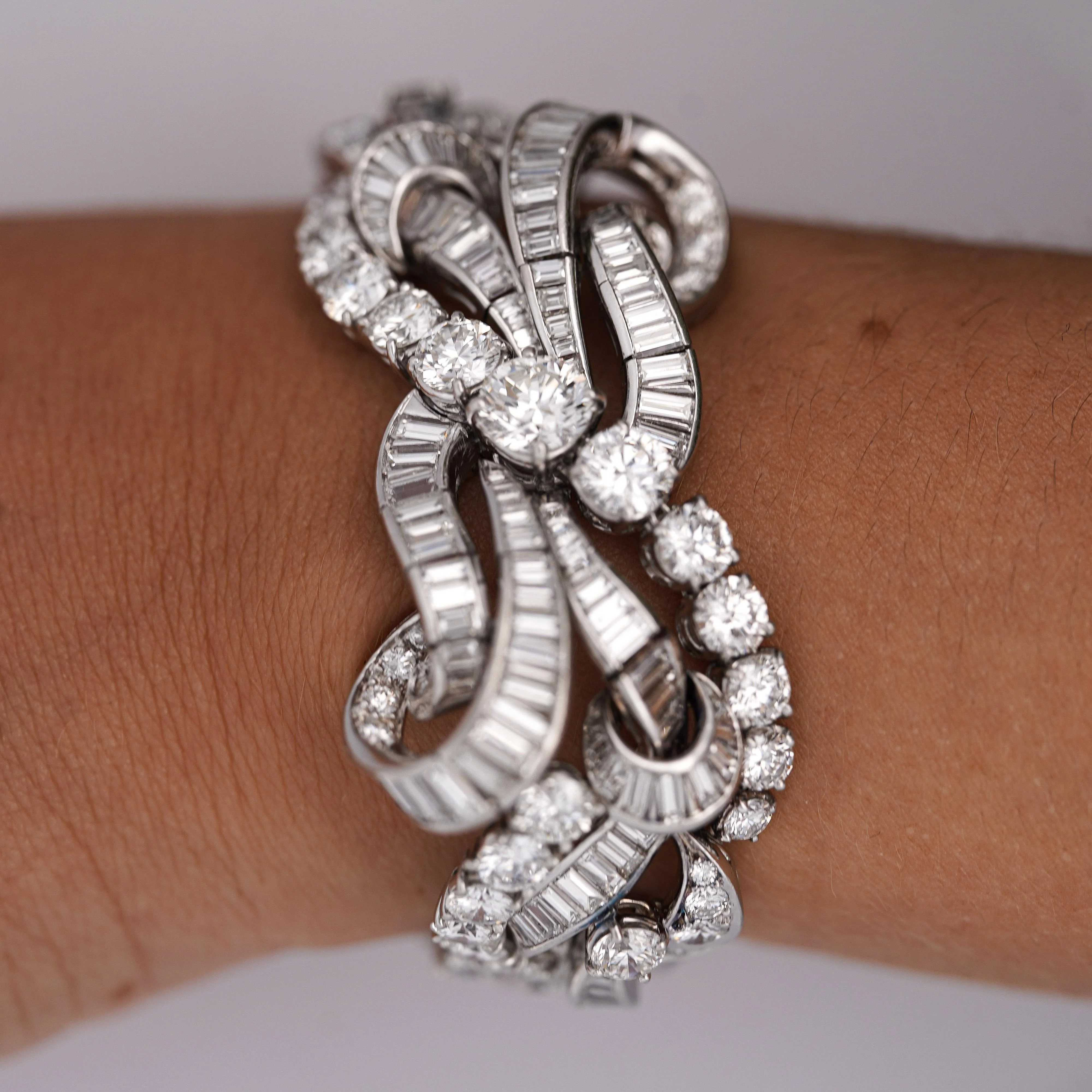 60 Carat Baguette & Round Cut Diamond in Platinum Retro Scroll Design Bracelet - Image 9
