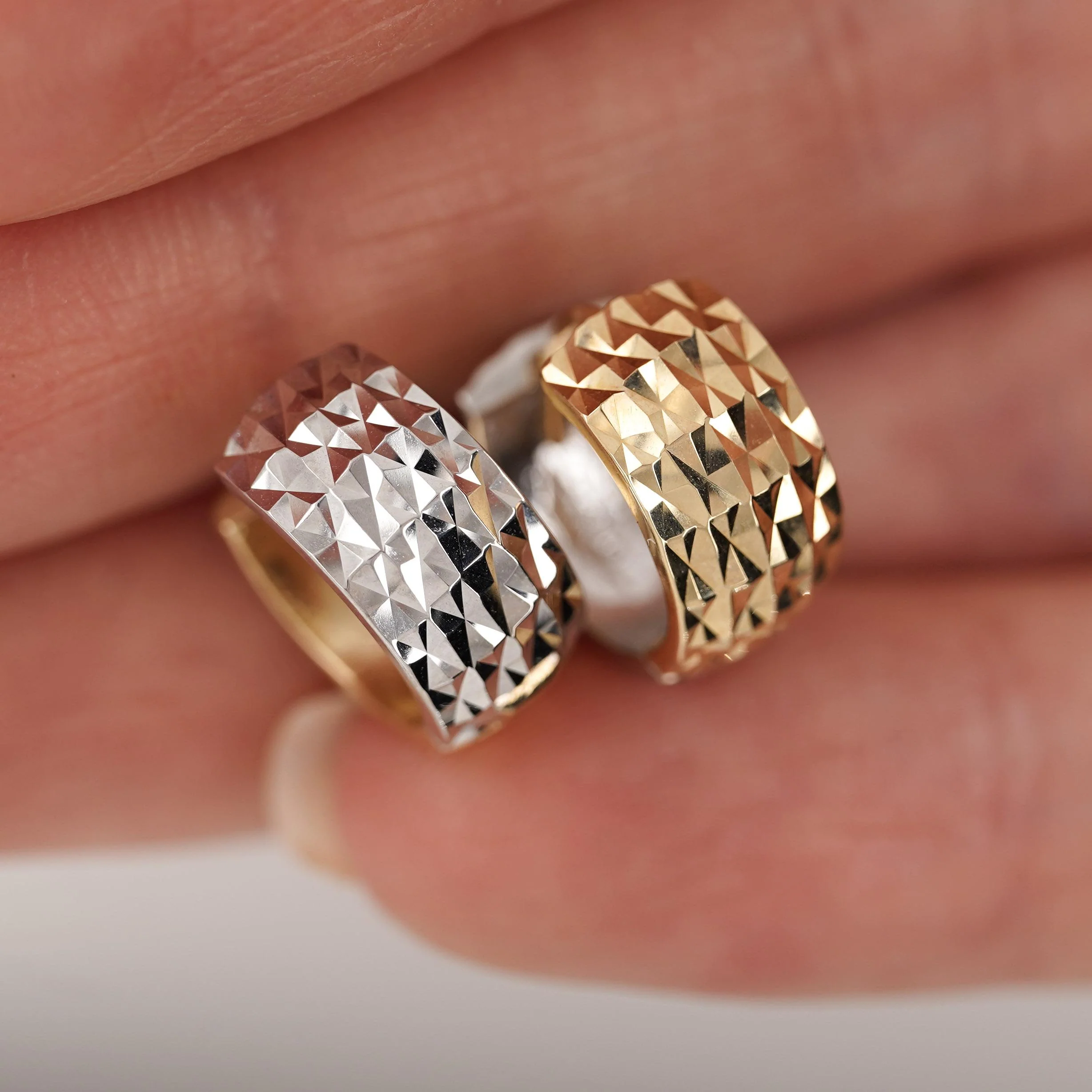 6mm Diamond Cut Reversible 14K Yellow To White Gold Huggie Hoop Earrings - Image 3