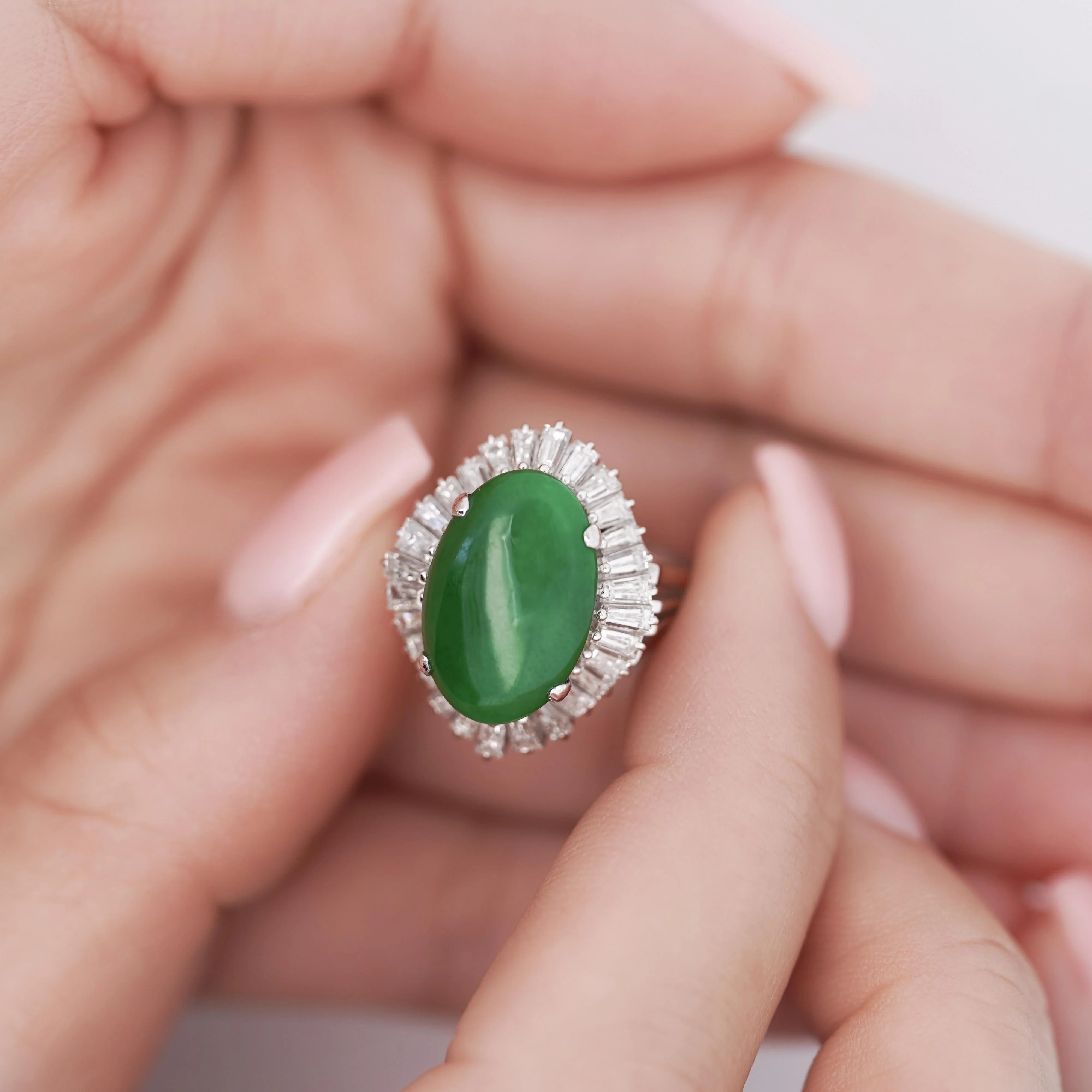 7.50 Carat Untreated Oval Green Jadeite with Baguette Diamonds in Platinum Ring - Image 4