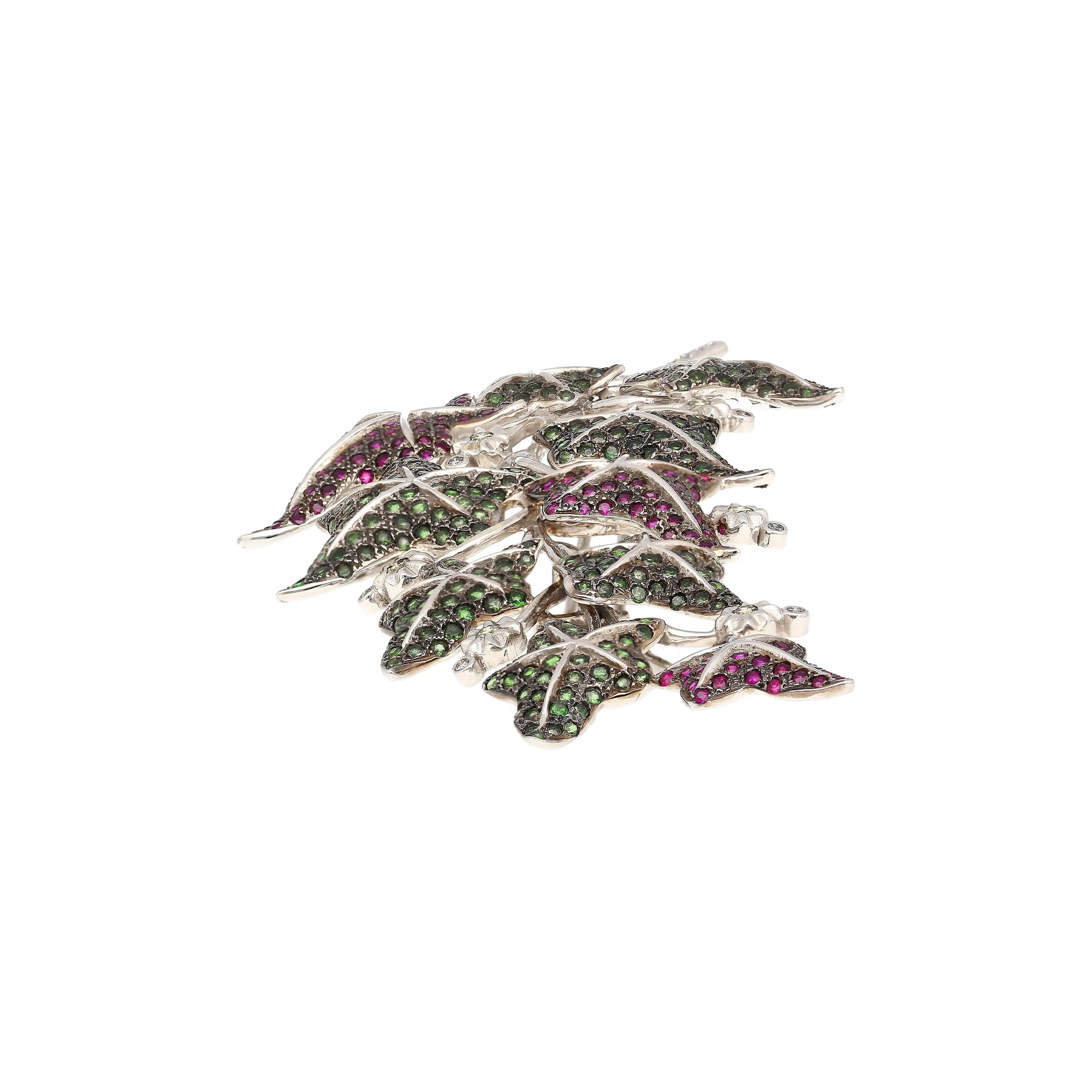 7.8 CTTW Green Tsavorite, Pink Sapphire and Diamond Leafy Vine Brooch - Image 2
