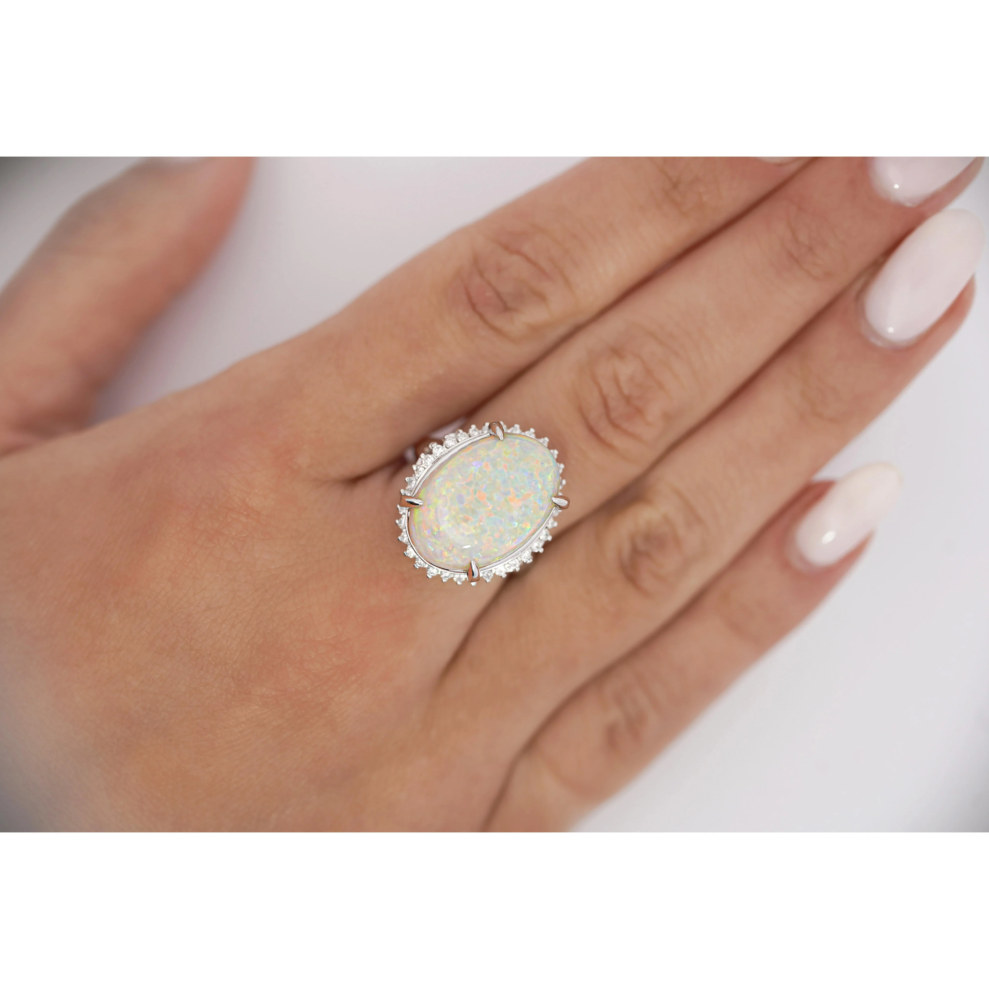 7.86 Carat Natural White Opal and Diamond Halo Platinum Ring - Image 10