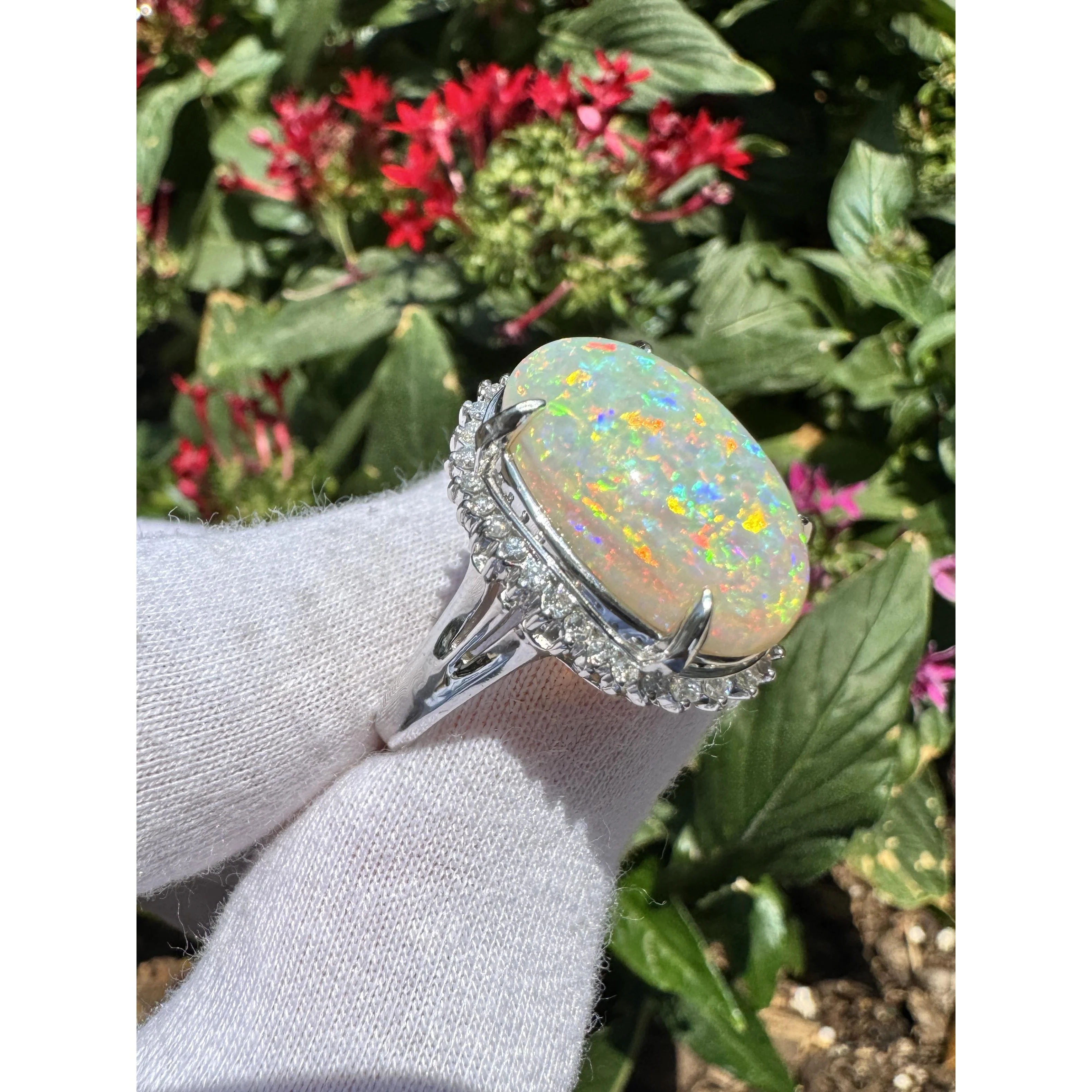 7.86 Carat Natural White Opal and Diamond Halo Platinum Ring - Image 11