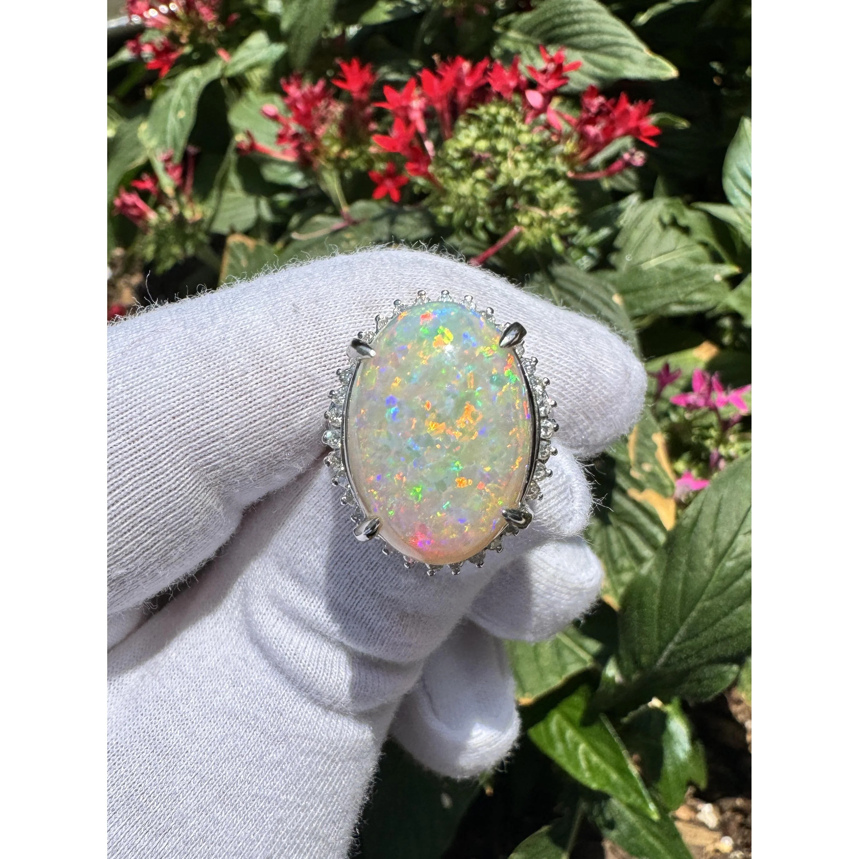 7.86 Carat Natural White Opal and Diamond Halo Platinum Ring - Image 12