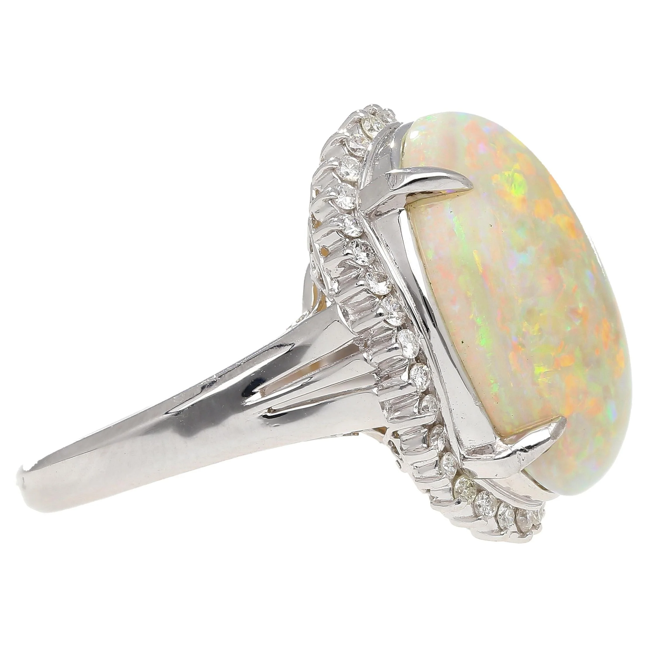 7.86 Carat Natural White Opal and Diamond Halo Platinum Ring - Image 6