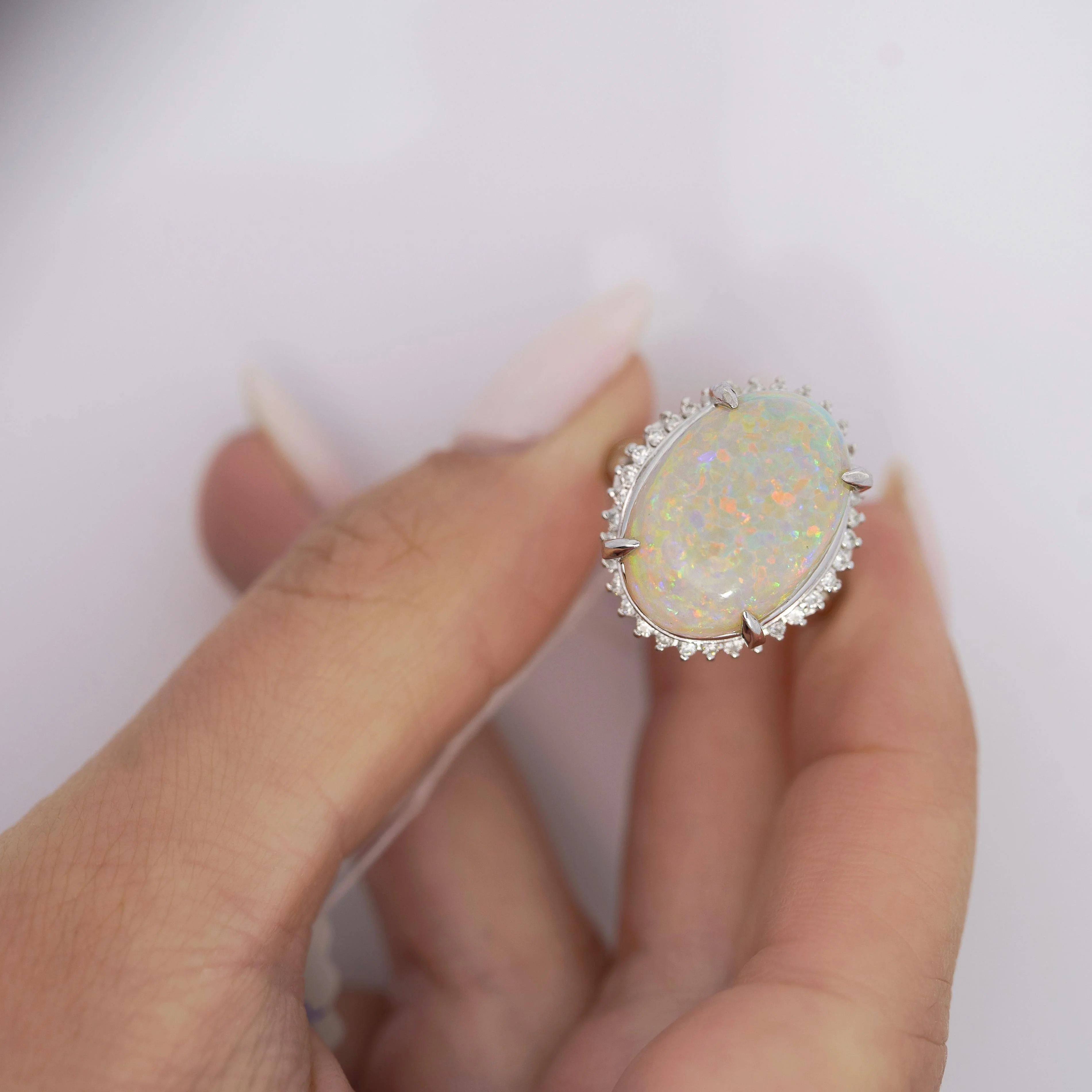 7.86 Carat Natural White Opal and Diamond Halo Platinum Ring - Image 8