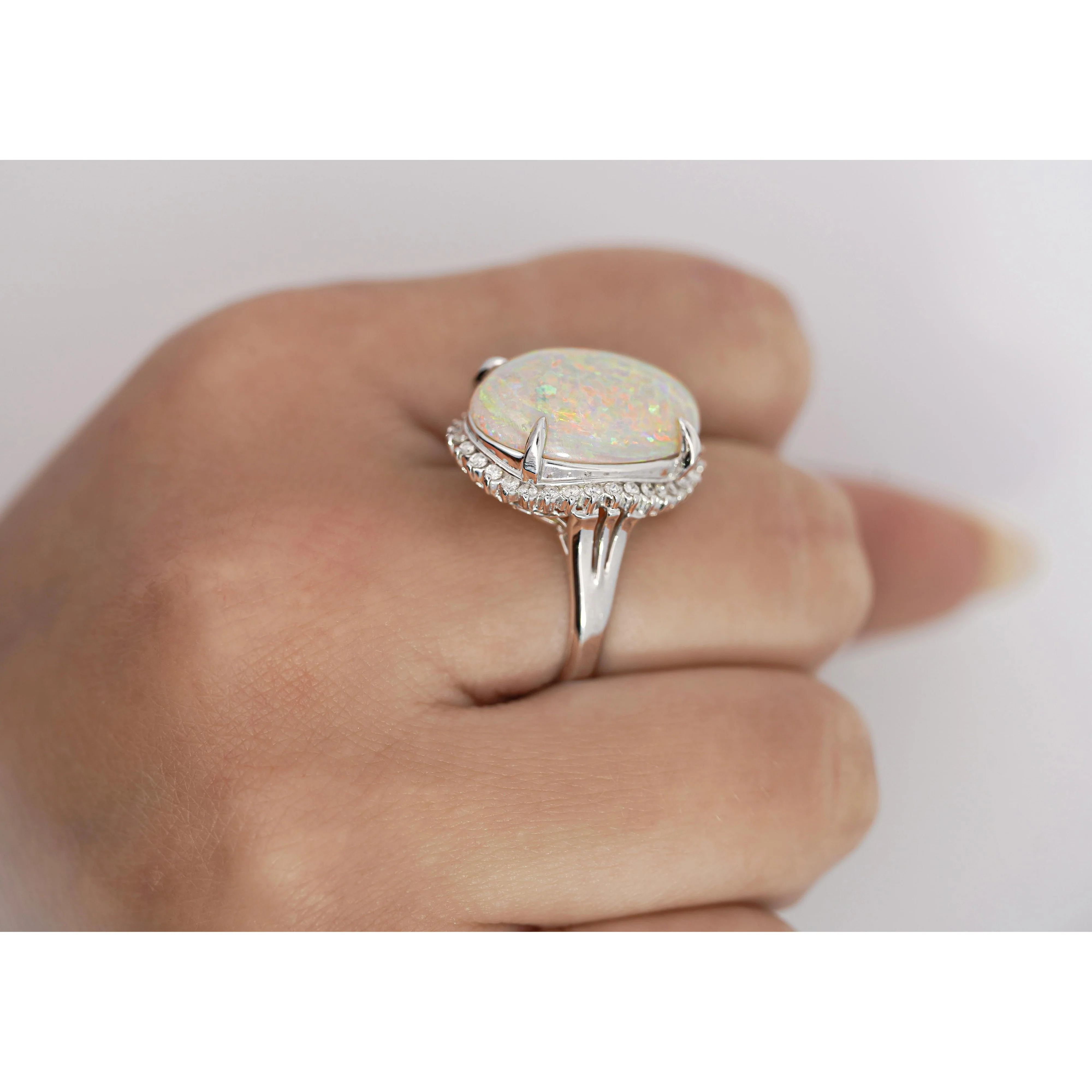 7.86 Carat Natural White Opal and Diamond Halo Platinum Ring - Image 9