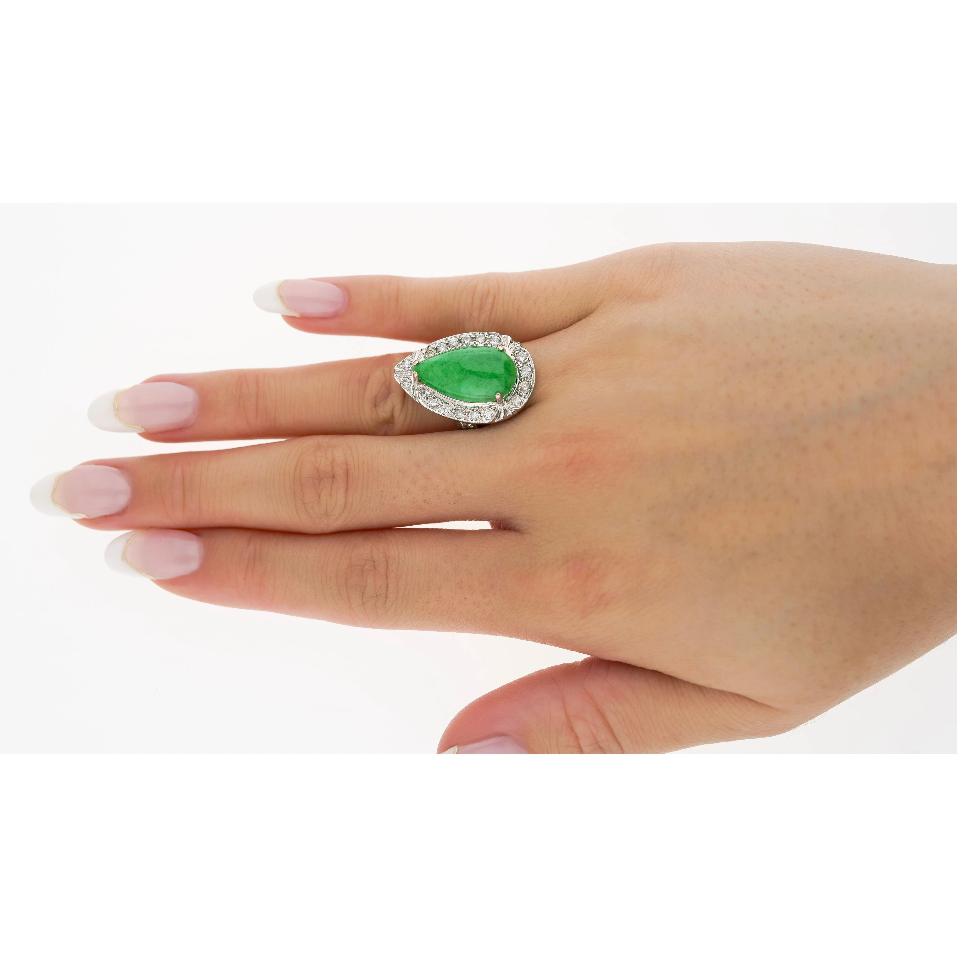 7.88 Carat Jade and Diamond Halo Ring in 18k White Gold - Image 11