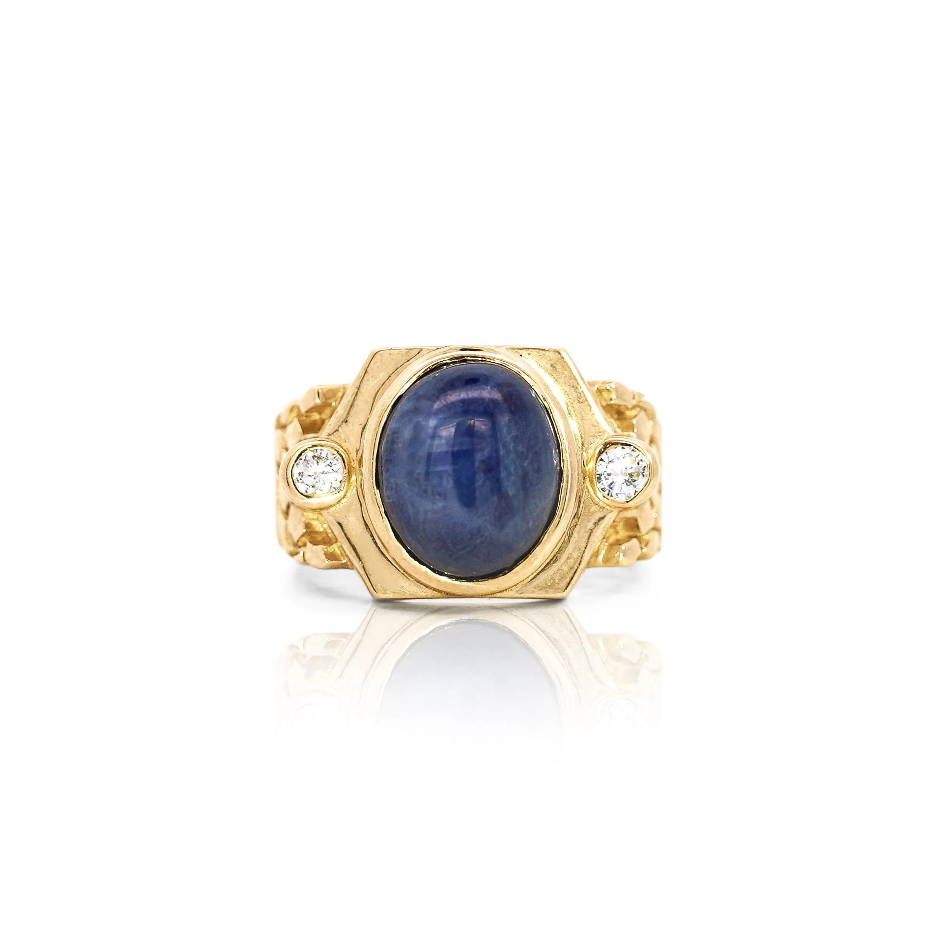 7 Carat Blue Star Sapphire Cabochon & Diamond 14K Gold Nugget Mens Ring - Image 4