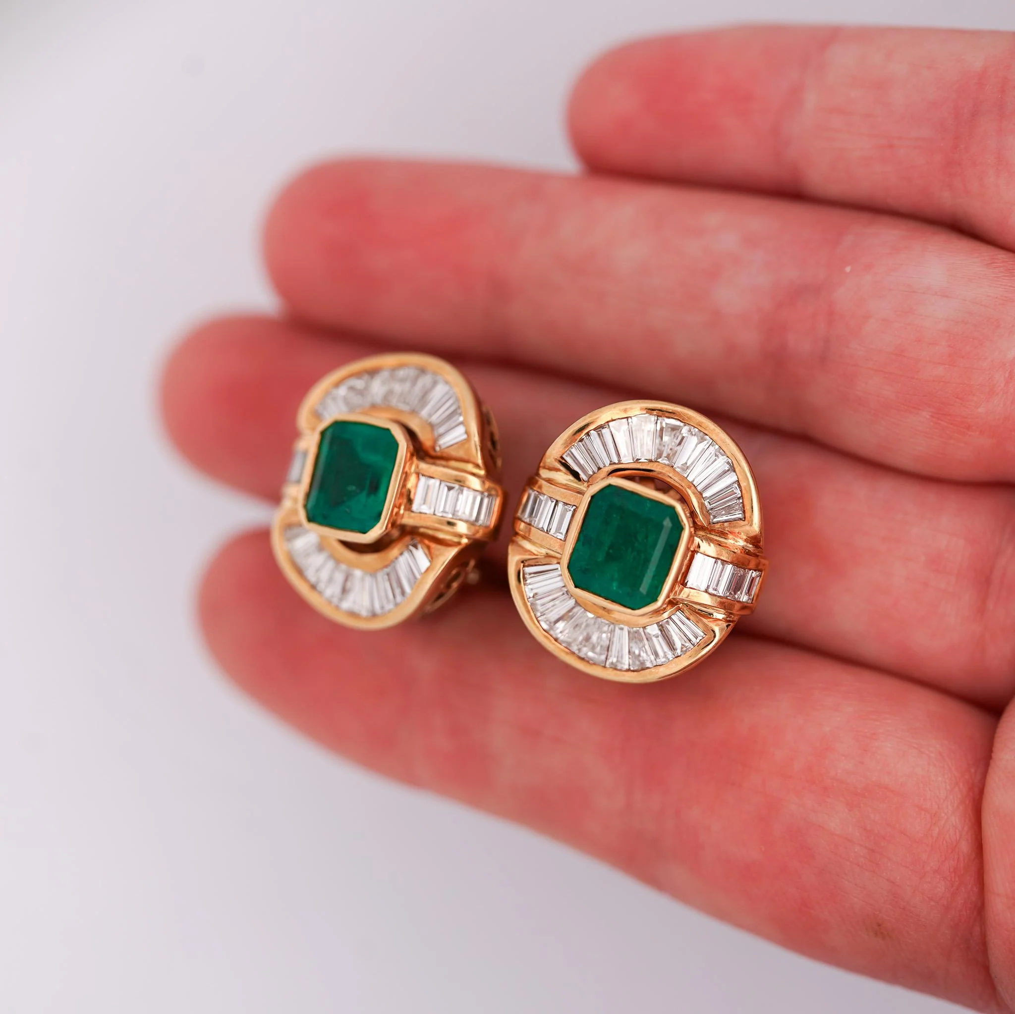 7 Carat Emerald & Baguette Diamond 18K Gold Ballerina Statement Earrings - Image 11