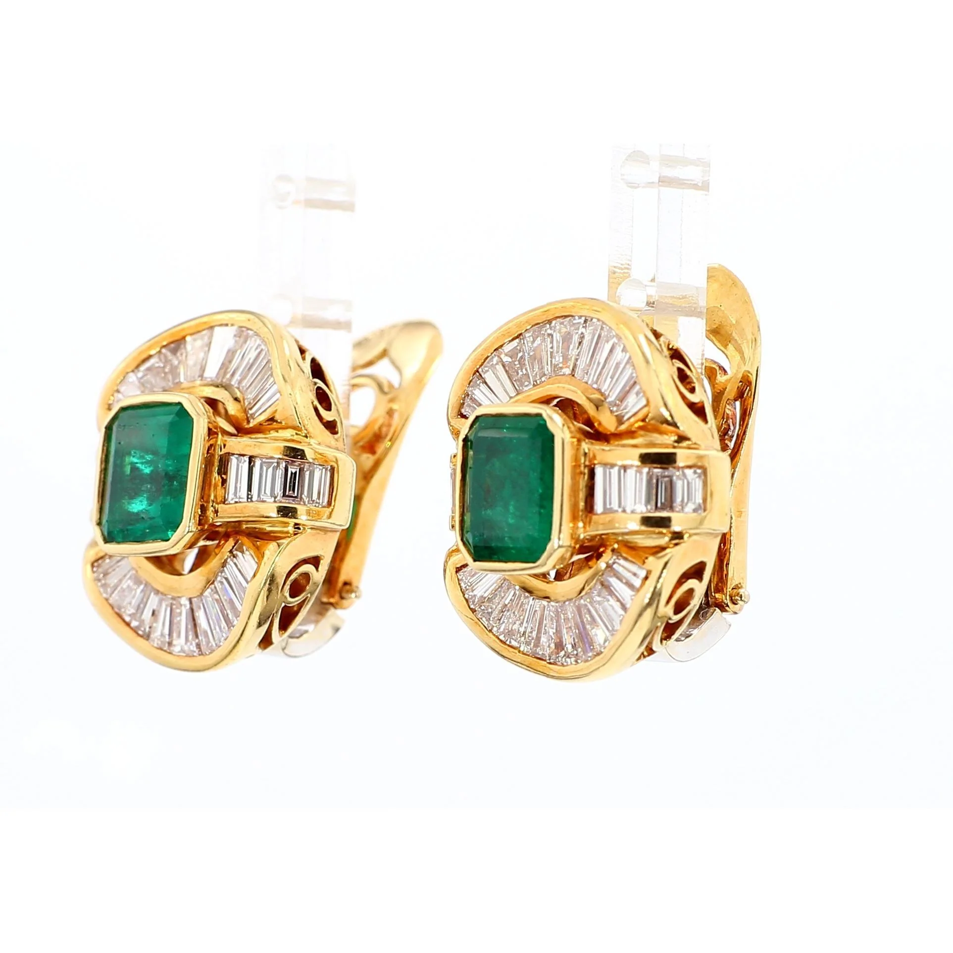 7 Carat Emerald & Baguette Diamond 18K Gold Ballerina Statement Earrings - Image 3