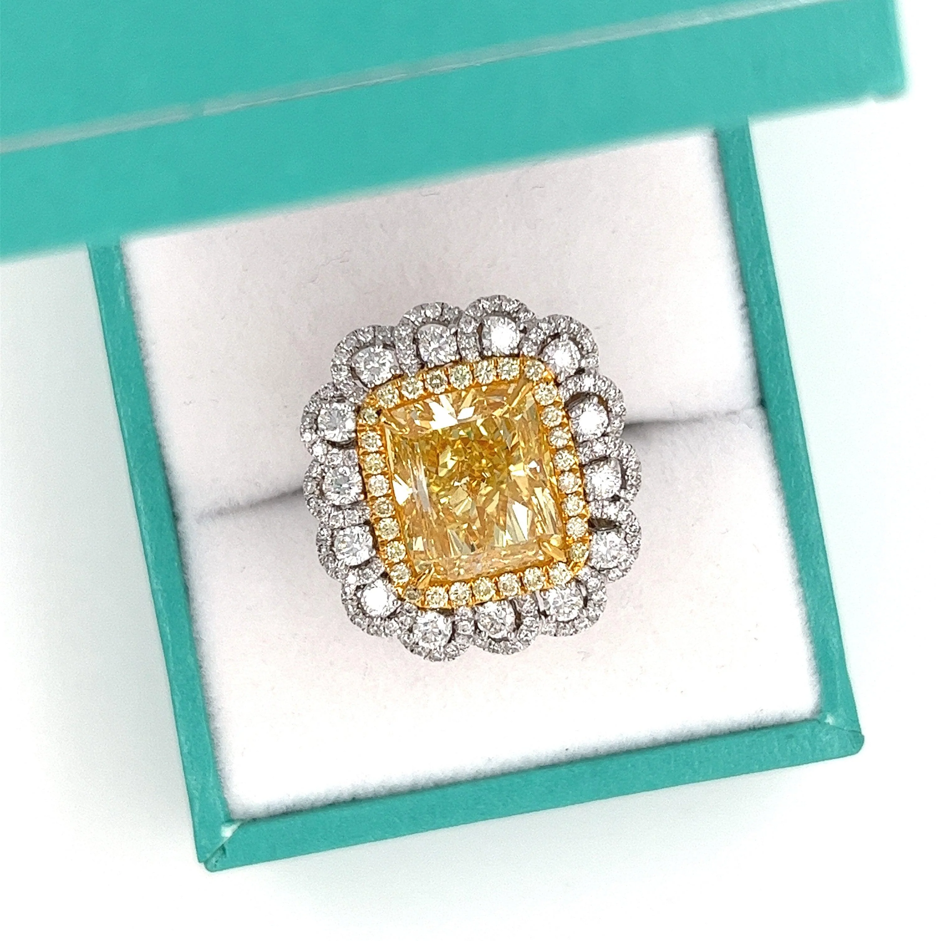 7 Carat Fancy Intense Yellow Radiant Cut Diamond and Diamond Halo Ring | GIA Certified - Image 5