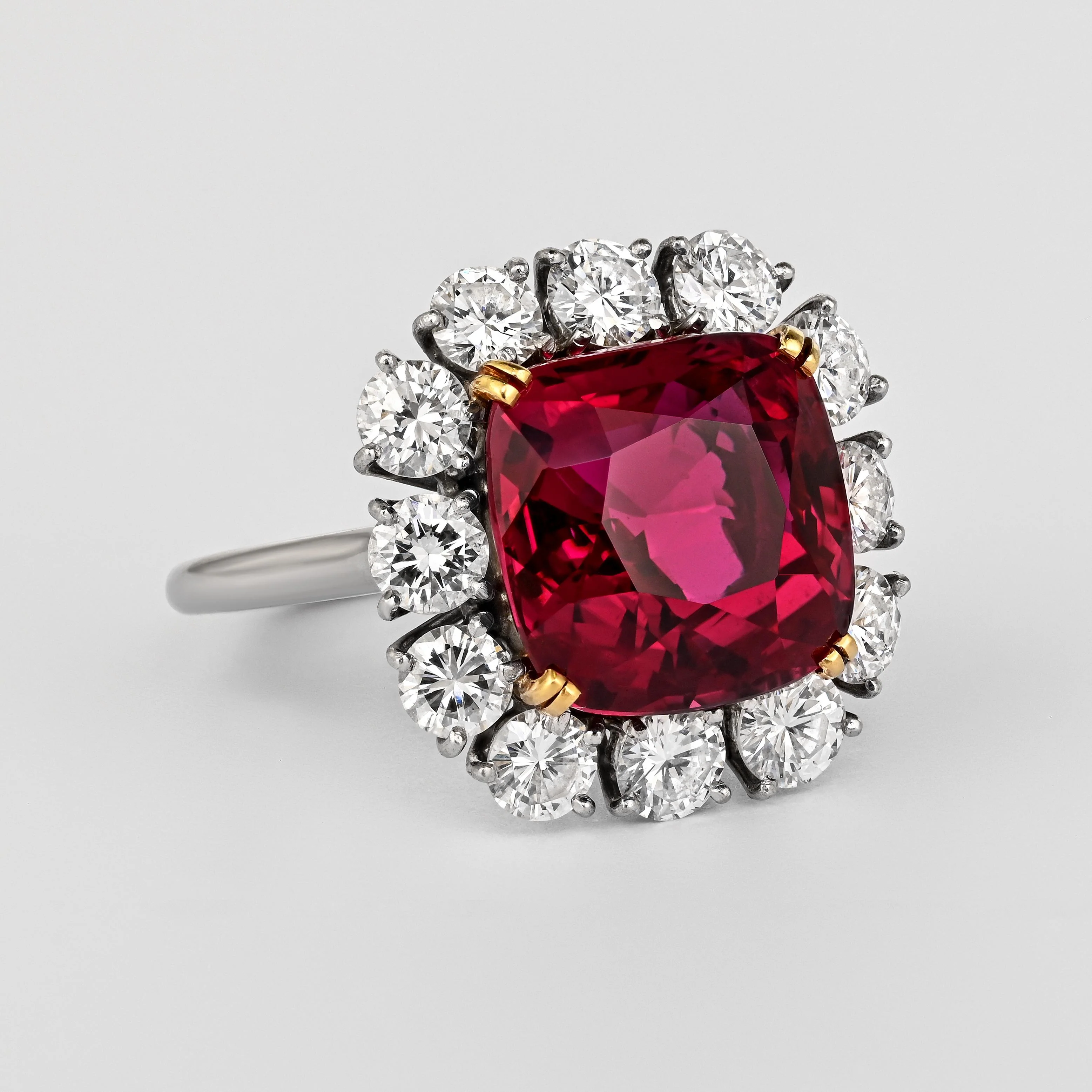 7.25 Carat No Heat Cushion Cut Ruby & Diamond Halo Platinum 18K Gold Ring - Image 2