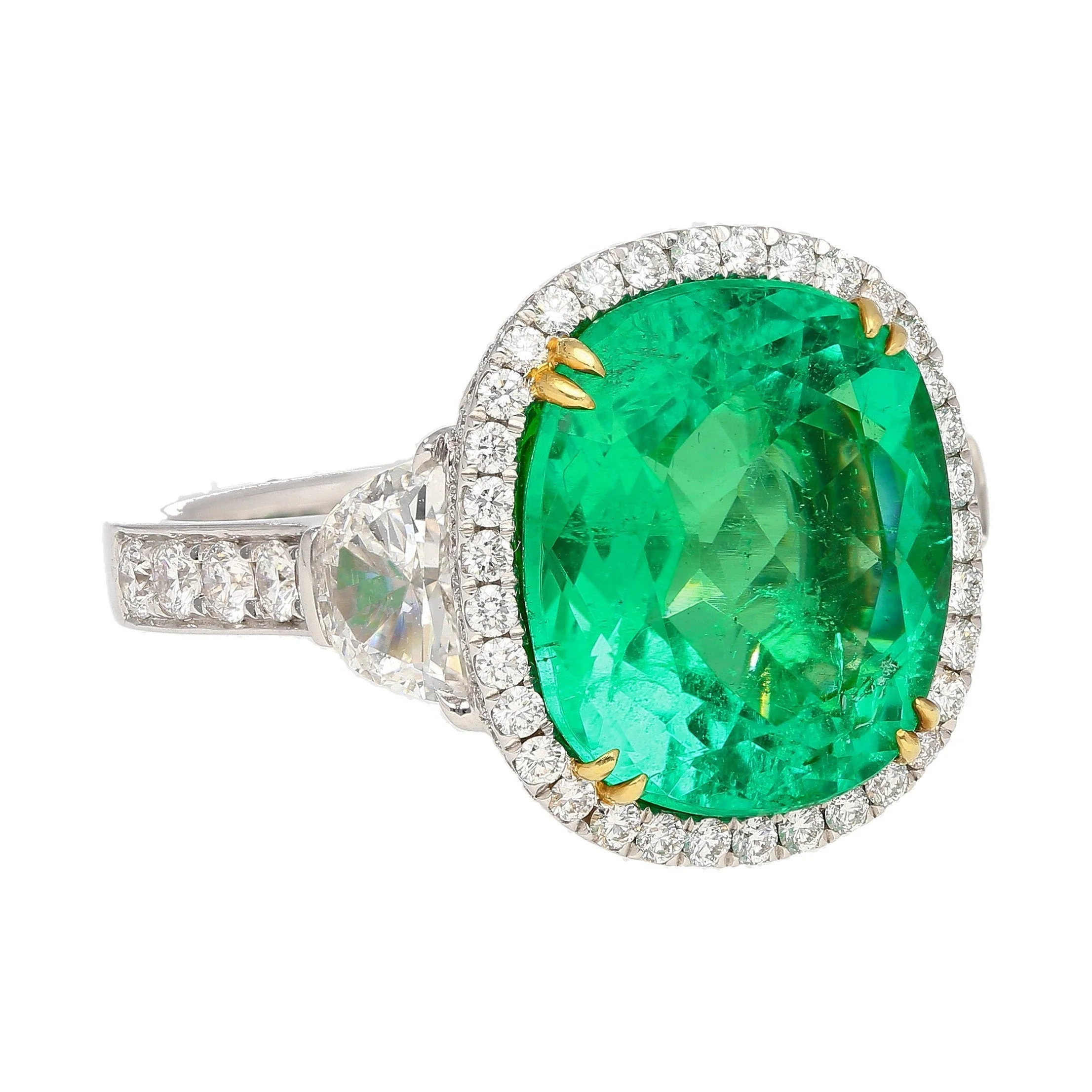 AGL Certified 7.36 Carat No Oil Cushion-Cut Colombian Emerald & Half Moon Cut Diamonds Ring - Image 3