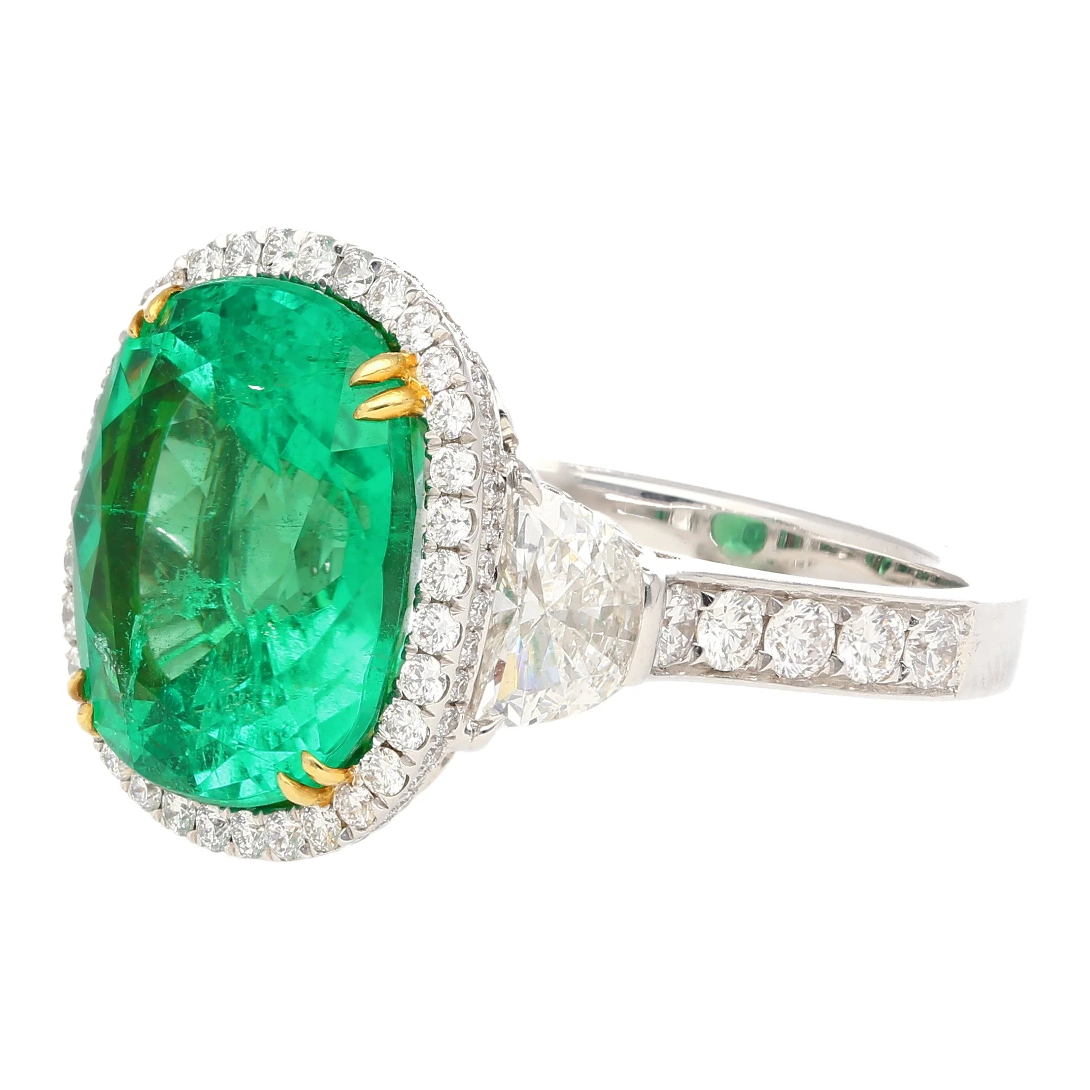 AGL Certified 7.36 Carat No Oil Cushion-Cut Colombian Emerald & Half Moon Cut Diamonds Ring - Image 4