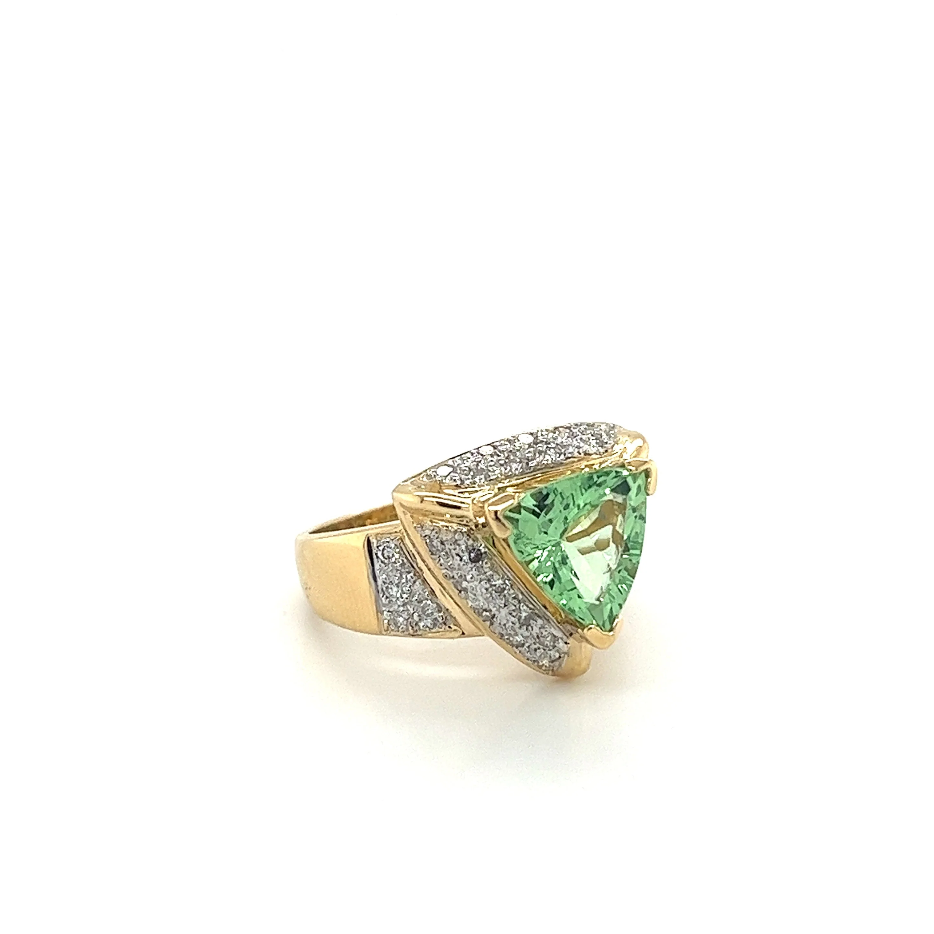 7 Carat Trilliant Cut Watermelon Green Tourmaline with Diamond Sides in 18K Gold 2 Tone Ring - Image 6