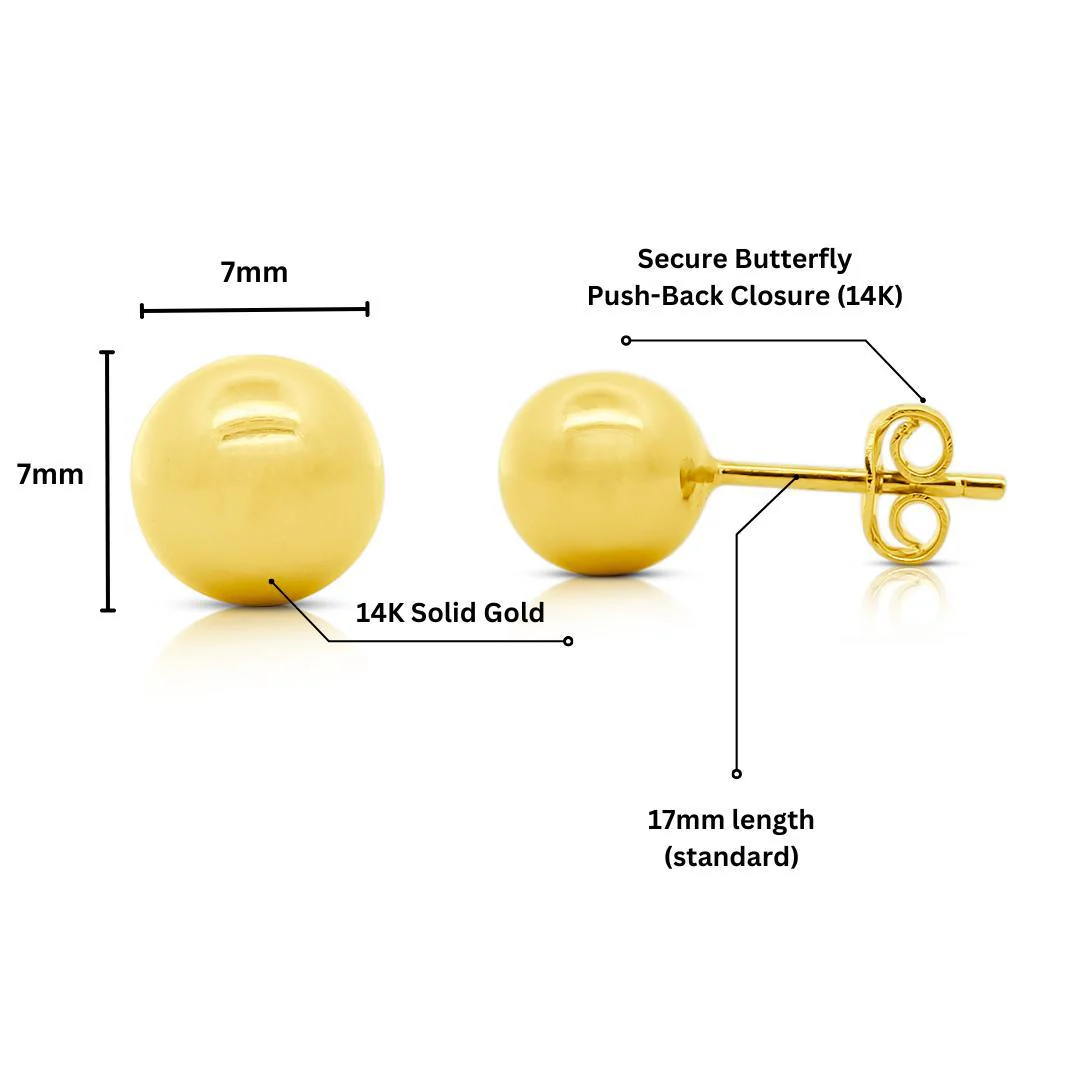 7mm Classic 14K Solid Gold Ball Stud Earrings - Image 8