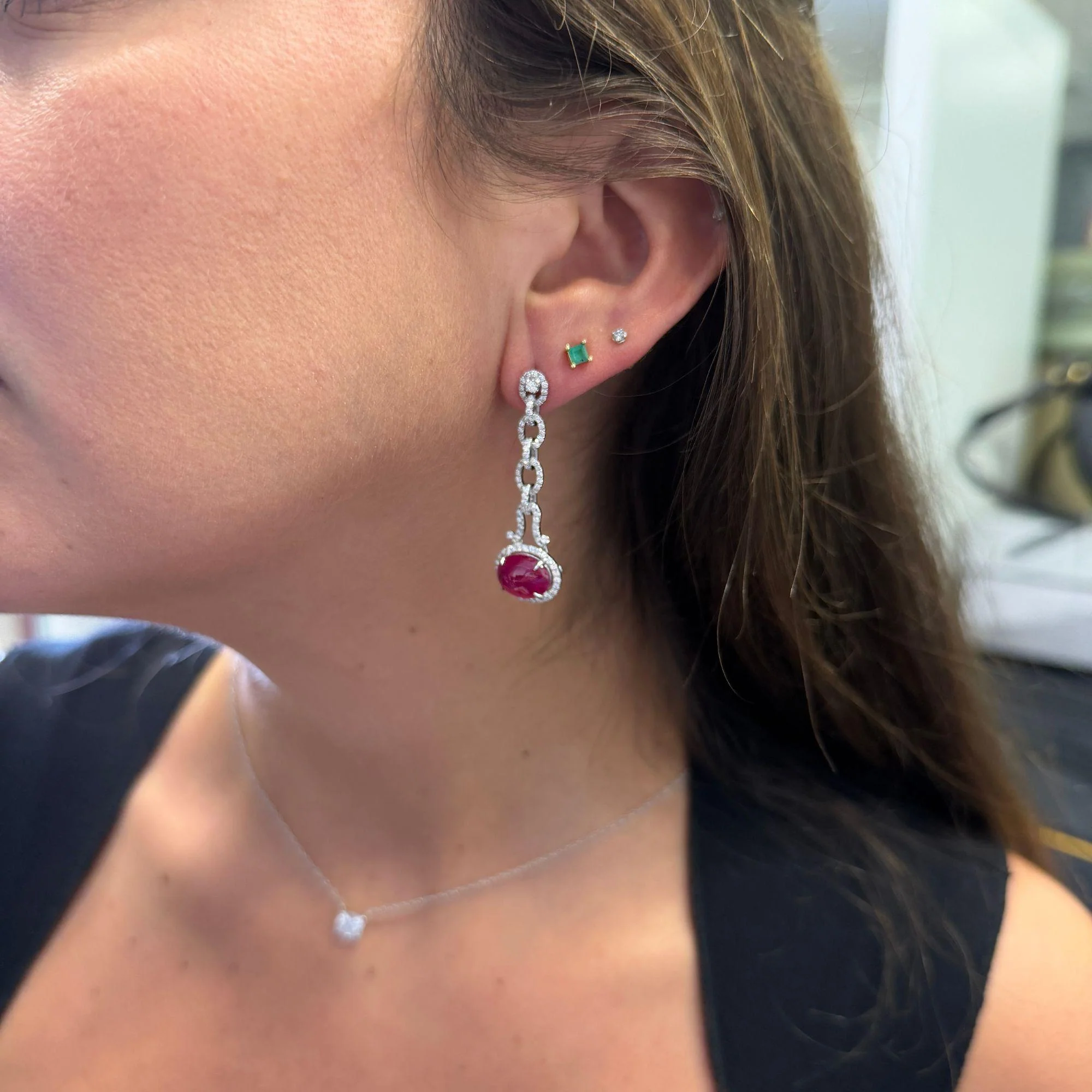 8.05 Carat Oval Cabochon Ruby & Diamond Halo in 18K White Gold Drop Earrings - Image 10