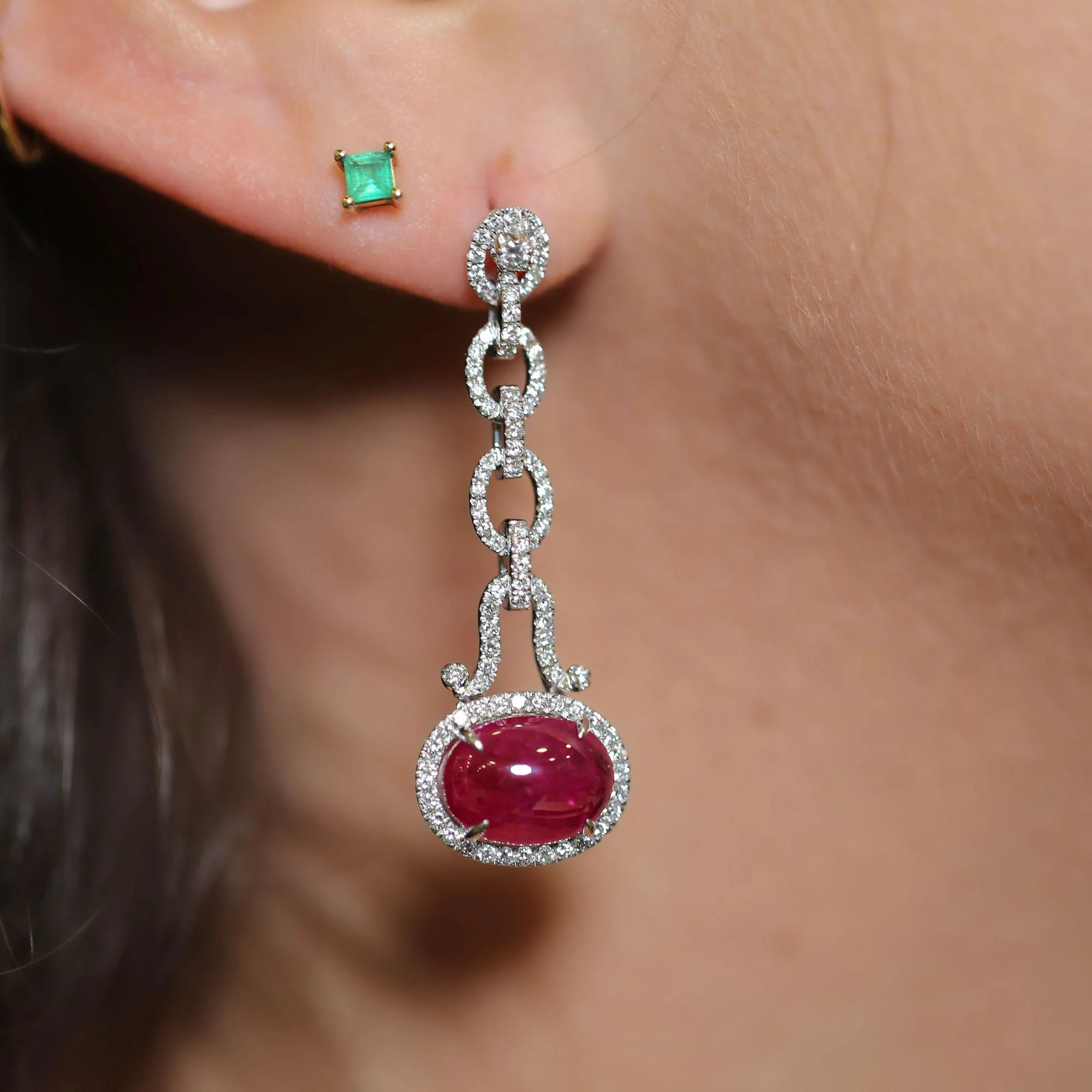 8.05 Carat Oval Cabochon Ruby & Diamond Halo in 18K White Gold Drop Earrings - Image 3