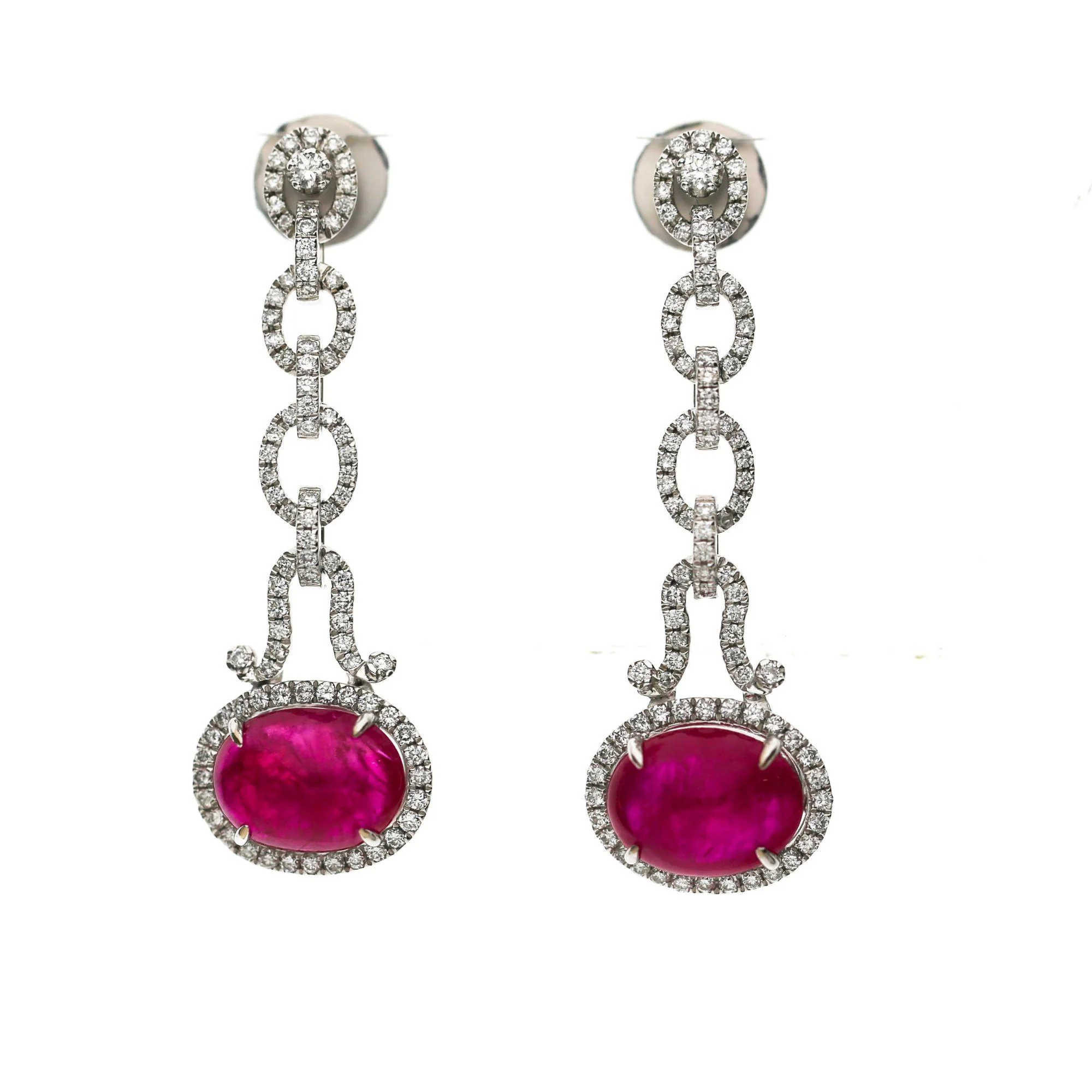 8.05 Carat Oval Cabochon Ruby & Diamond Halo in 18K White Gold Drop Earrings - Image 6