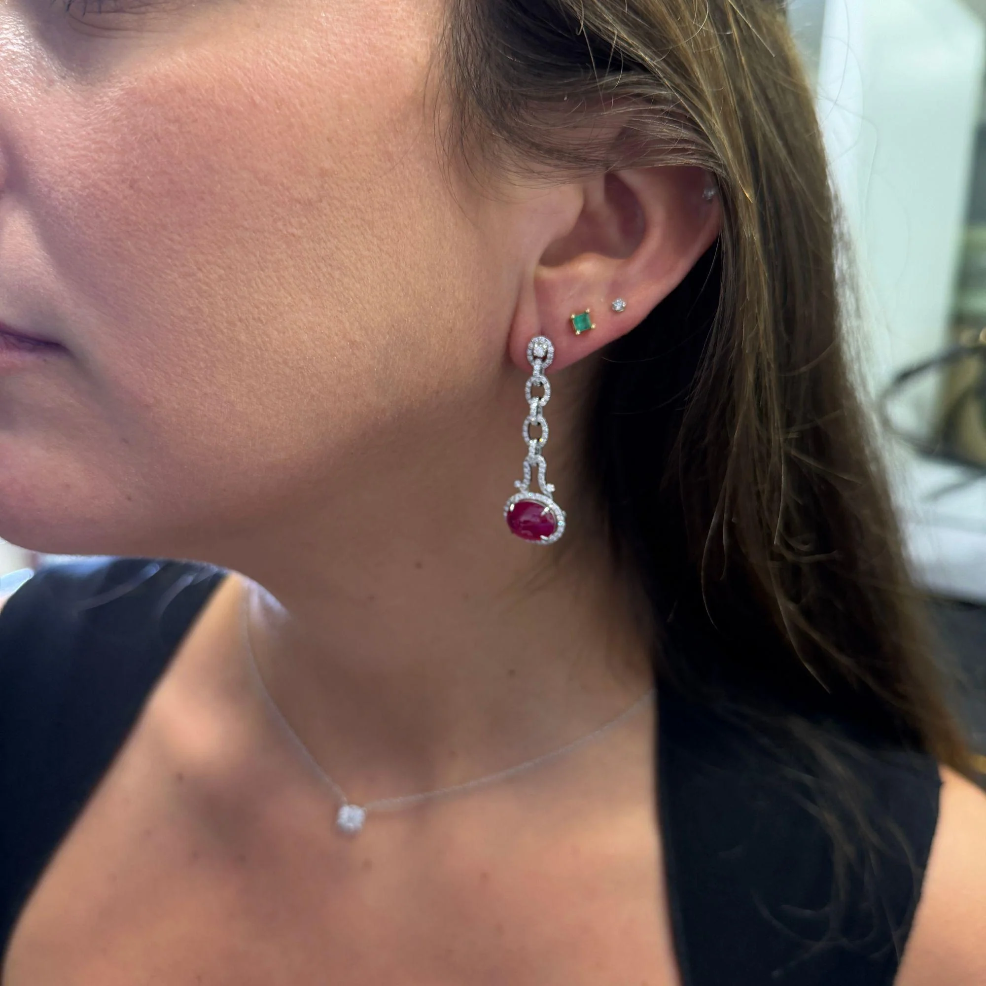 8.05 Carat Oval Cabochon Ruby & Diamond Halo in 18K White Gold Drop Earrings - Image 9