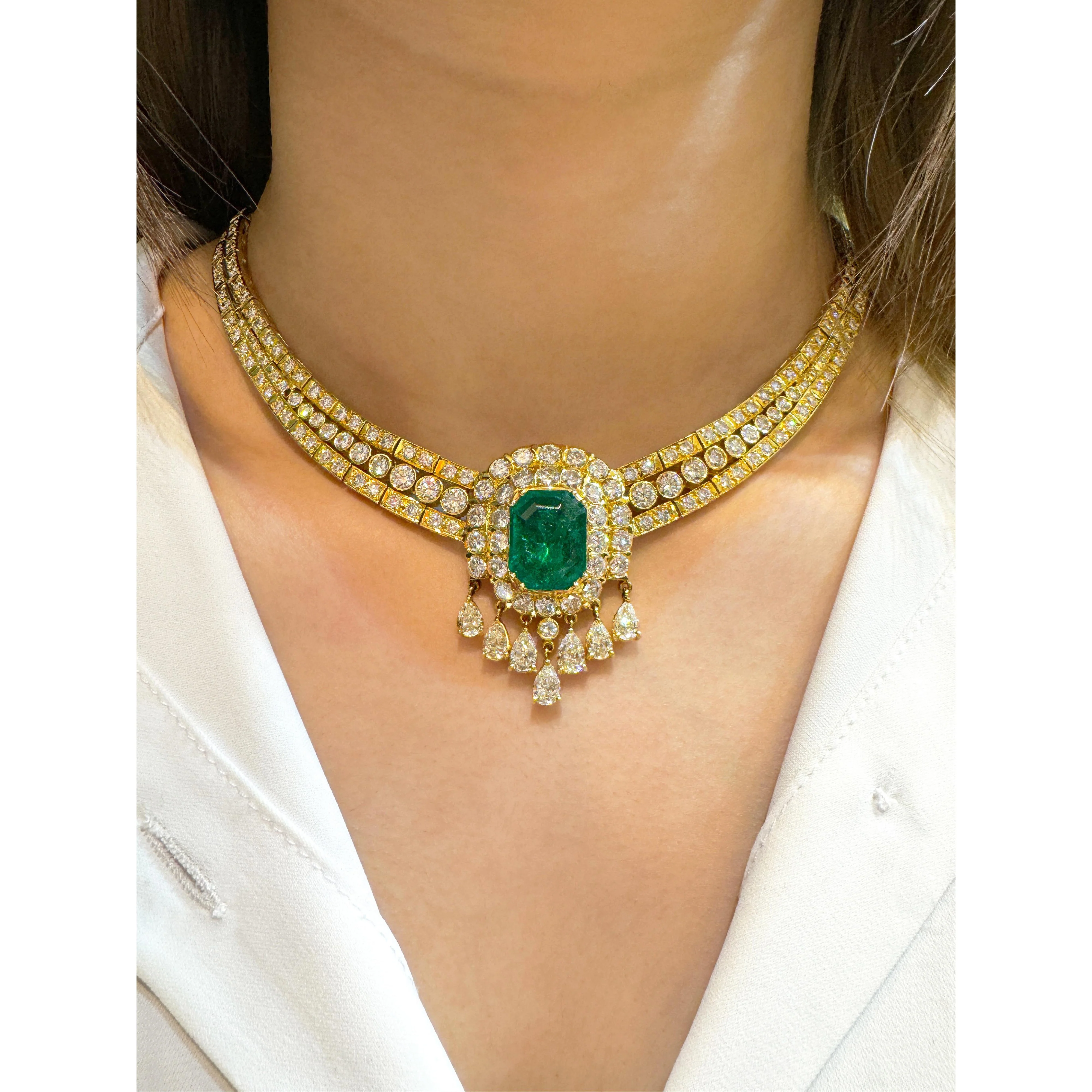 8.12 Carat Colombian Emerald & Diamond Chandelier Regal Choker Necklace - Image 5