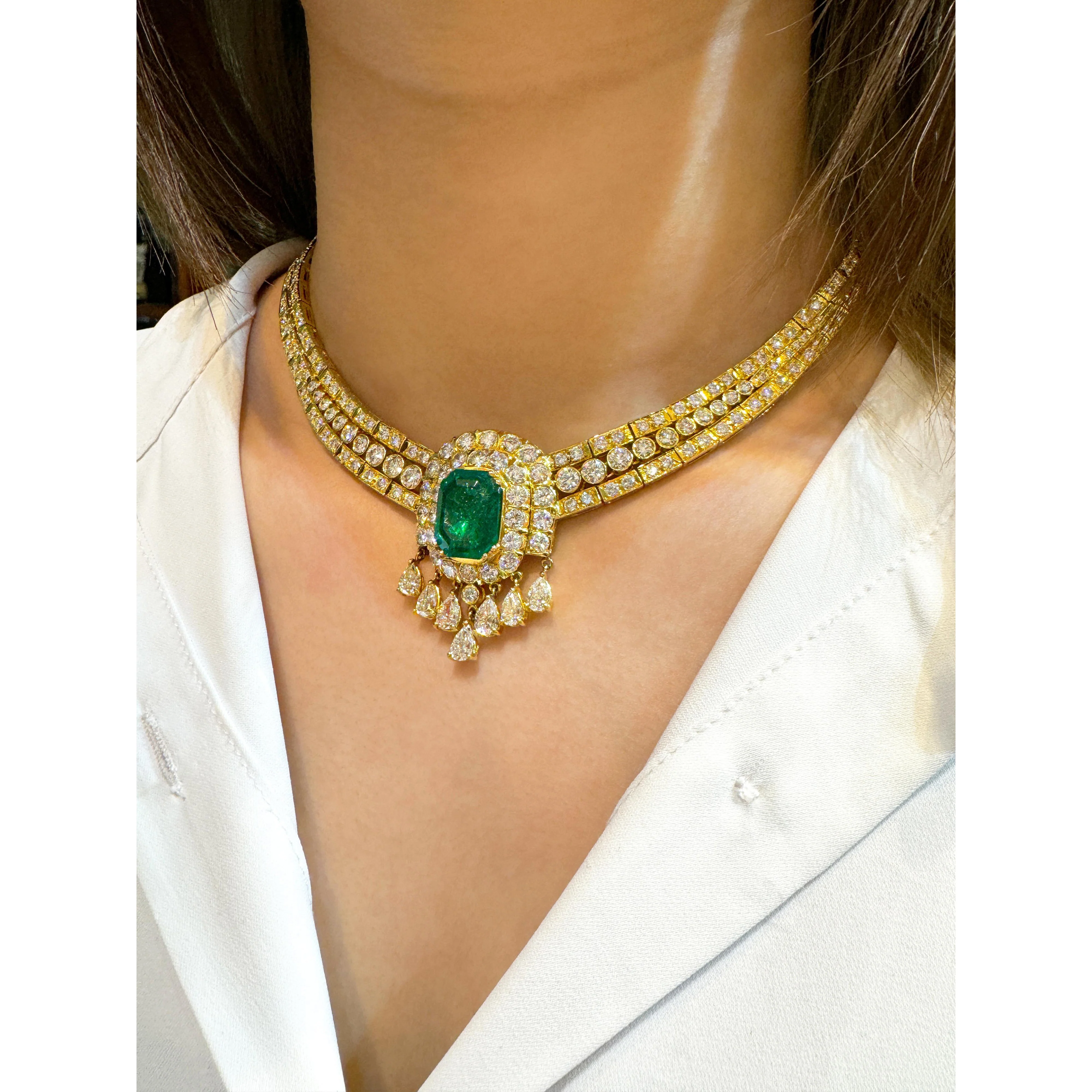 8.12 Carat Colombian Emerald & Diamond Chandelier Regal Choker Necklace - Image 6