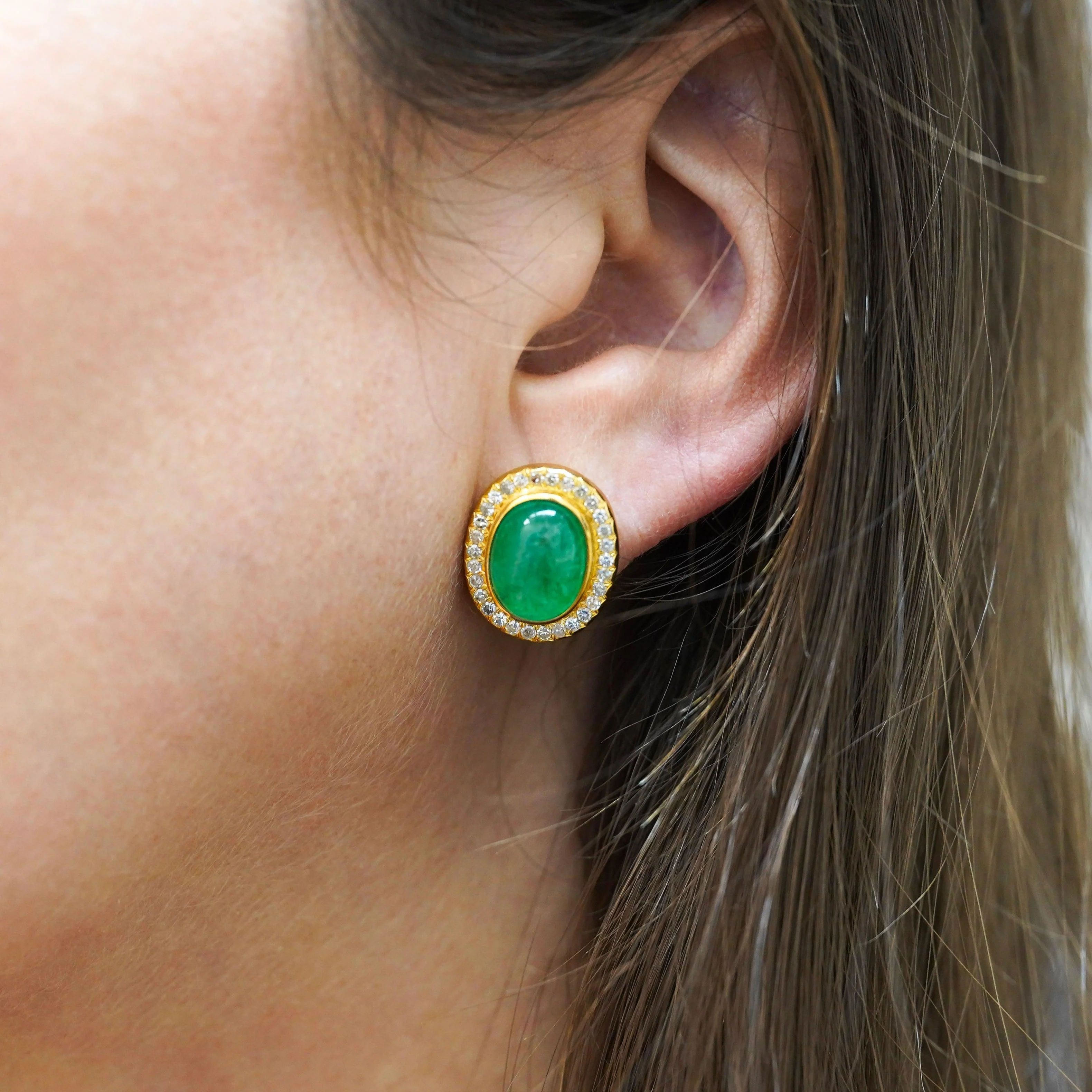 8.47 Carat Cabochon Emerald and Diamond Halo Earrings in 18K Gold - Image 3