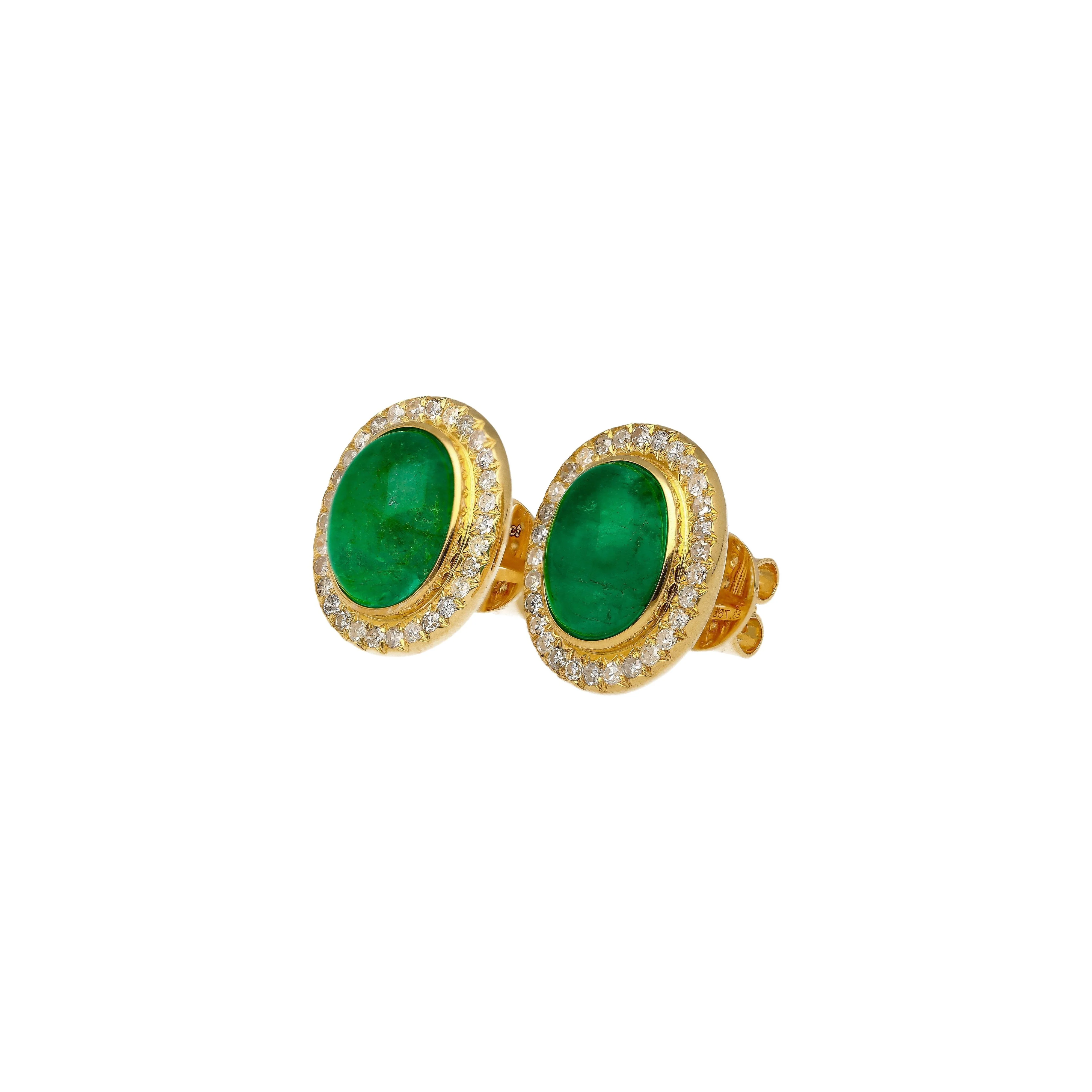 8.47 Carat Cabochon Emerald and Diamond Halo Earrings in 18K Gold - Image 4
