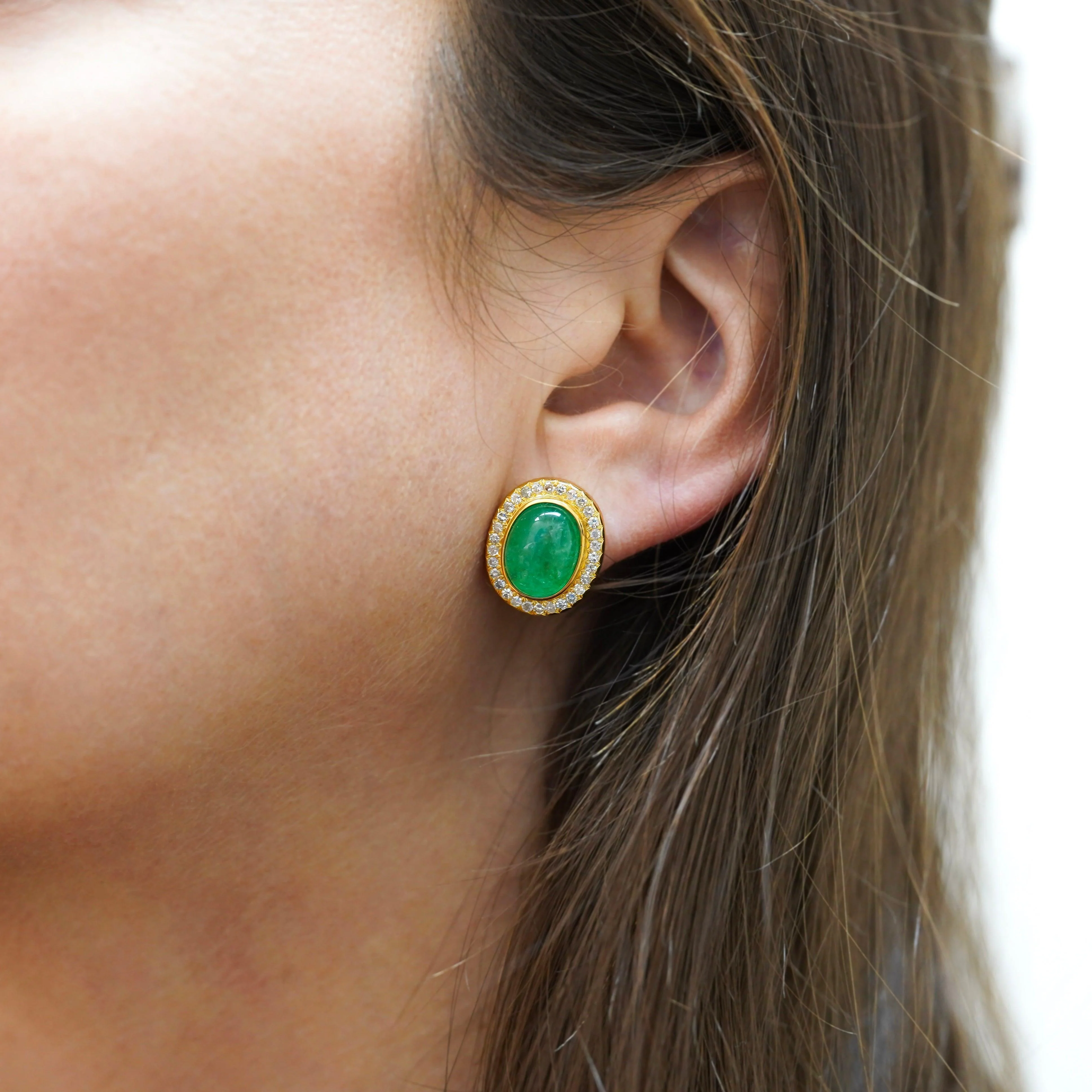 8.47 Carat Cabochon Emerald and Diamond Halo Earrings in 18K Gold - Image 5