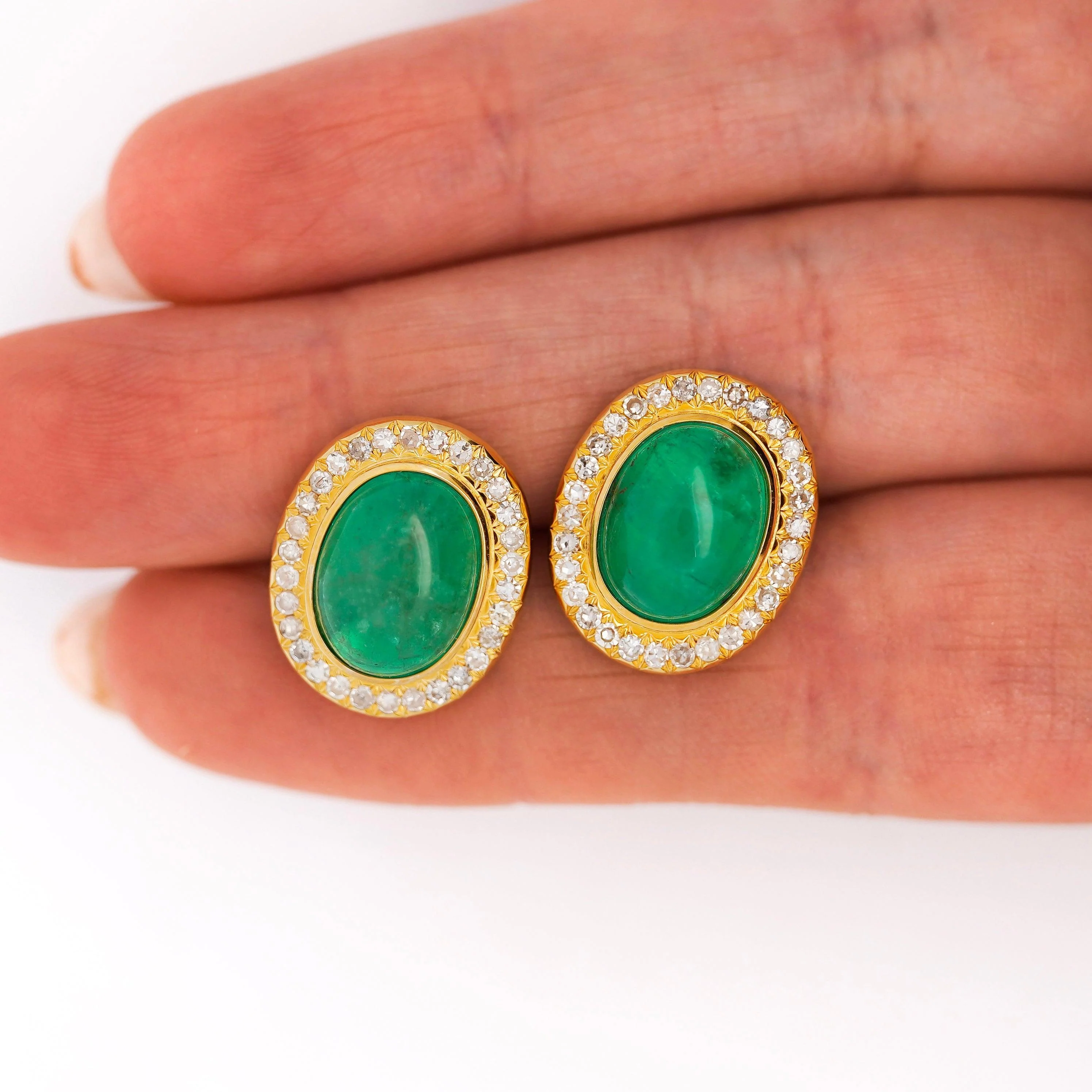 8.47 Carat Cabochon Emerald and Diamond Halo Earrings in 18K Gold - Image 7