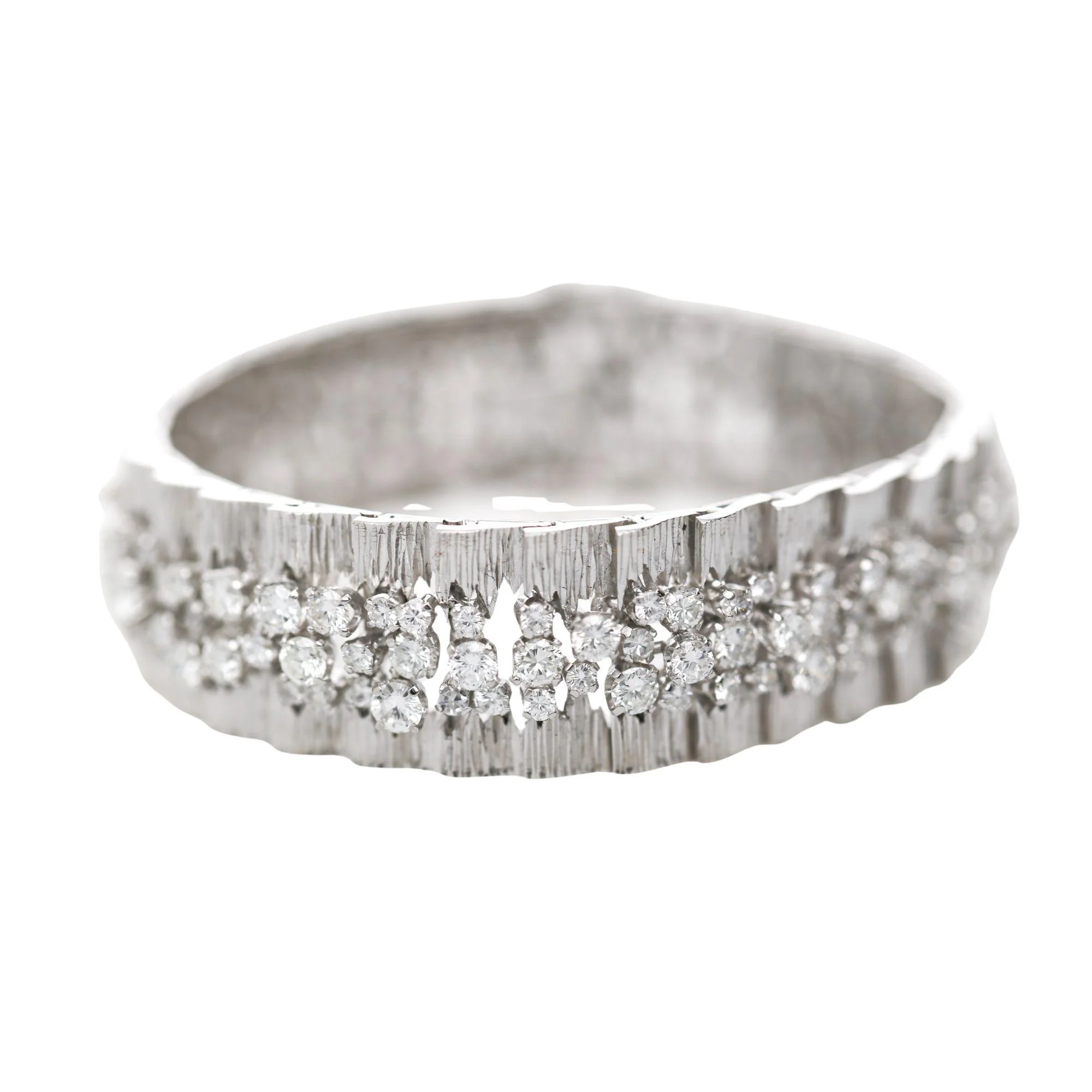 8.50 Carat Round Diamond Three-Row 14K White Gold Bark Texture Wide Bracelet