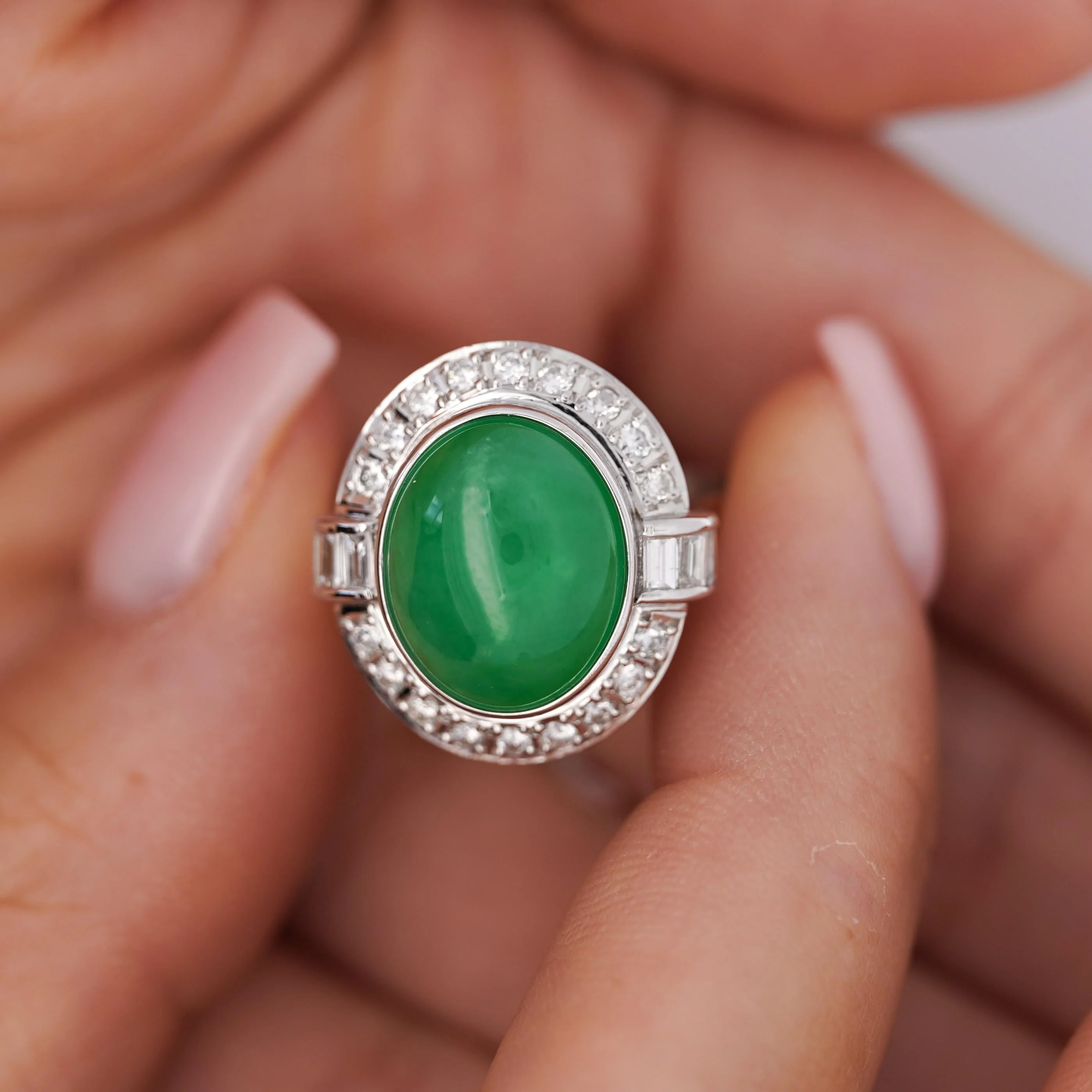 8.55ct Untreated Fei Cui Jadeite Jade Diamond Platinum Ring - Image 4
