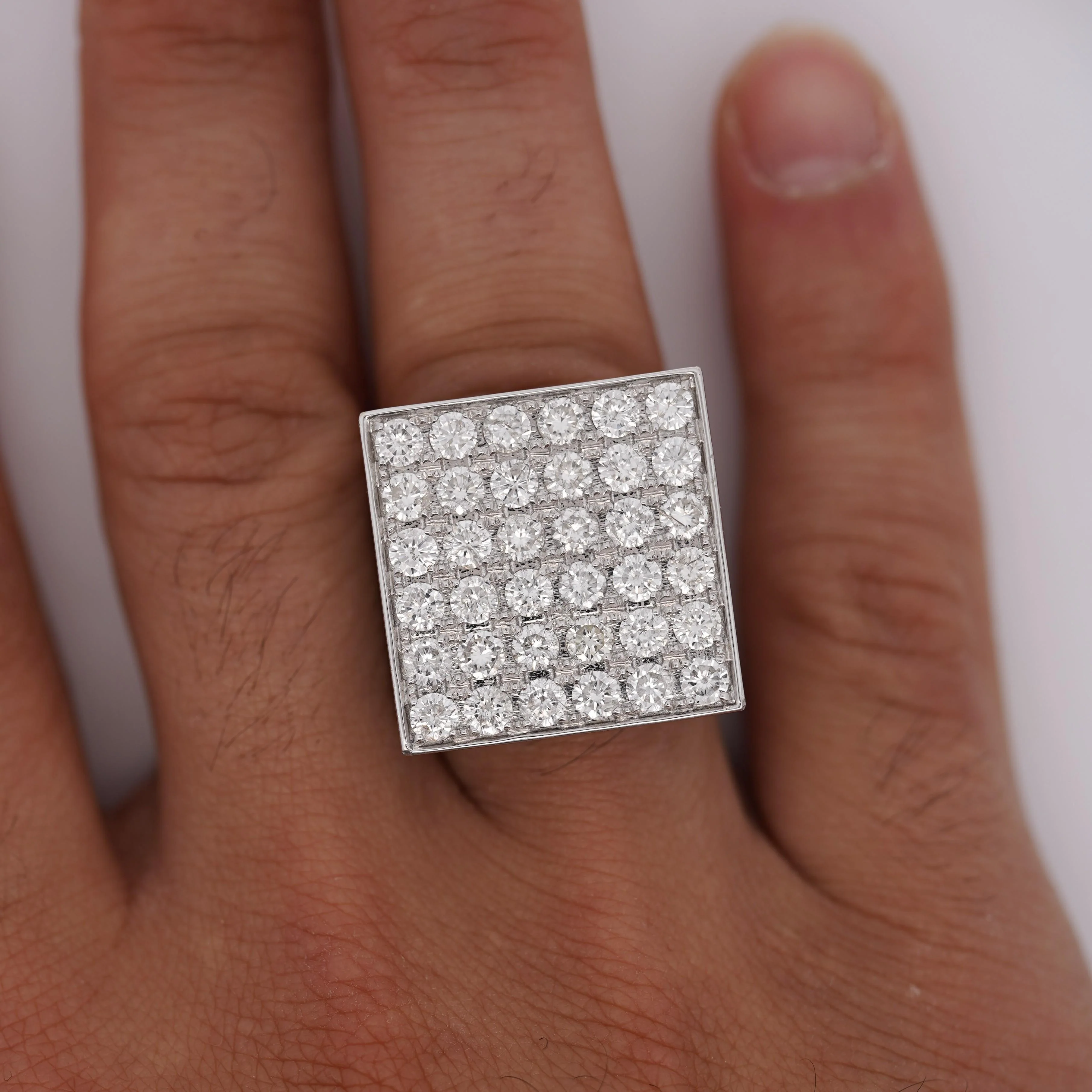 8.56 Carat Round Diamond Full Pave Square 18K White Gold Vintage Mens Ring - Image 3