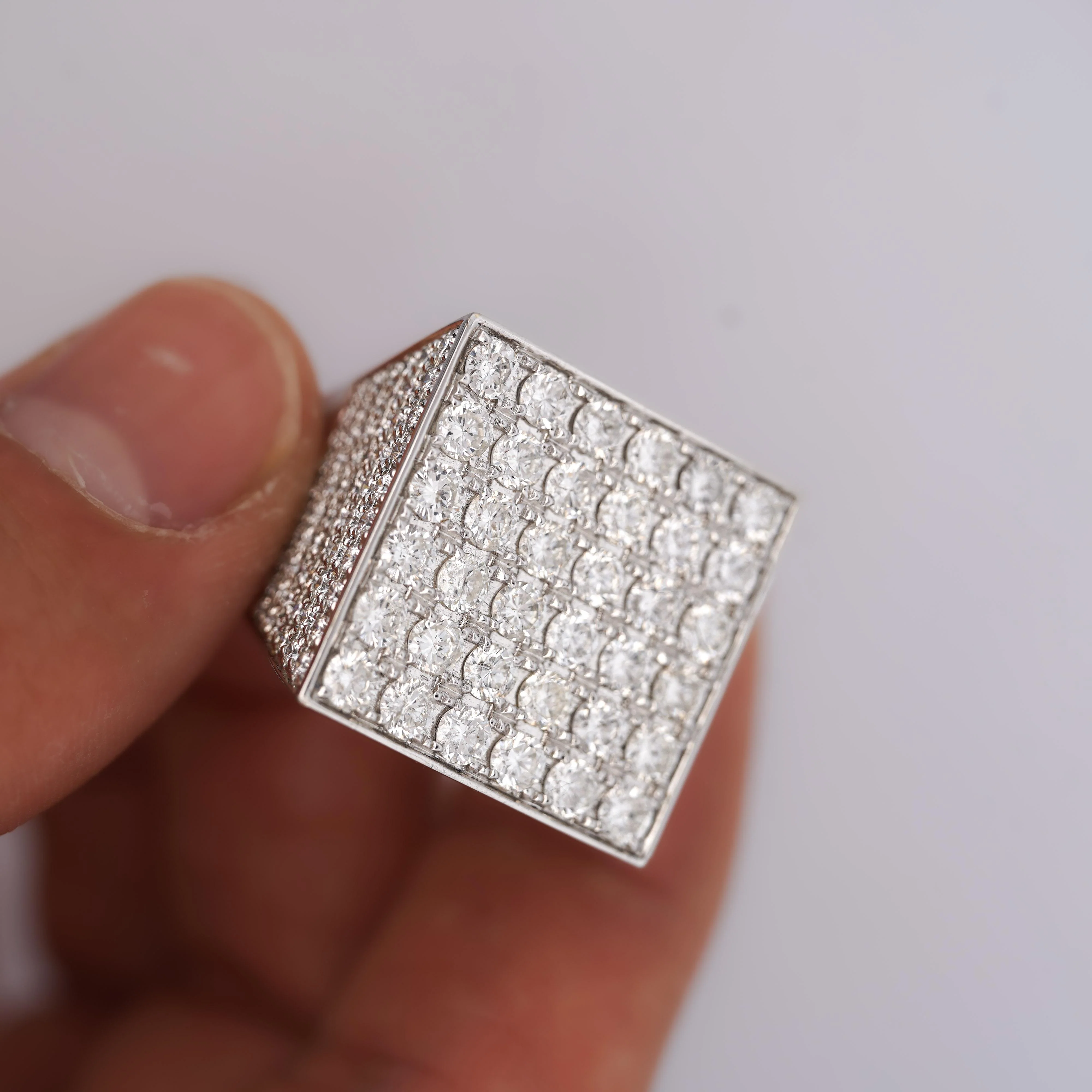8.56 Carat Round Diamond Full Pave Square 18K White Gold Vintage Mens Ring - Image 5