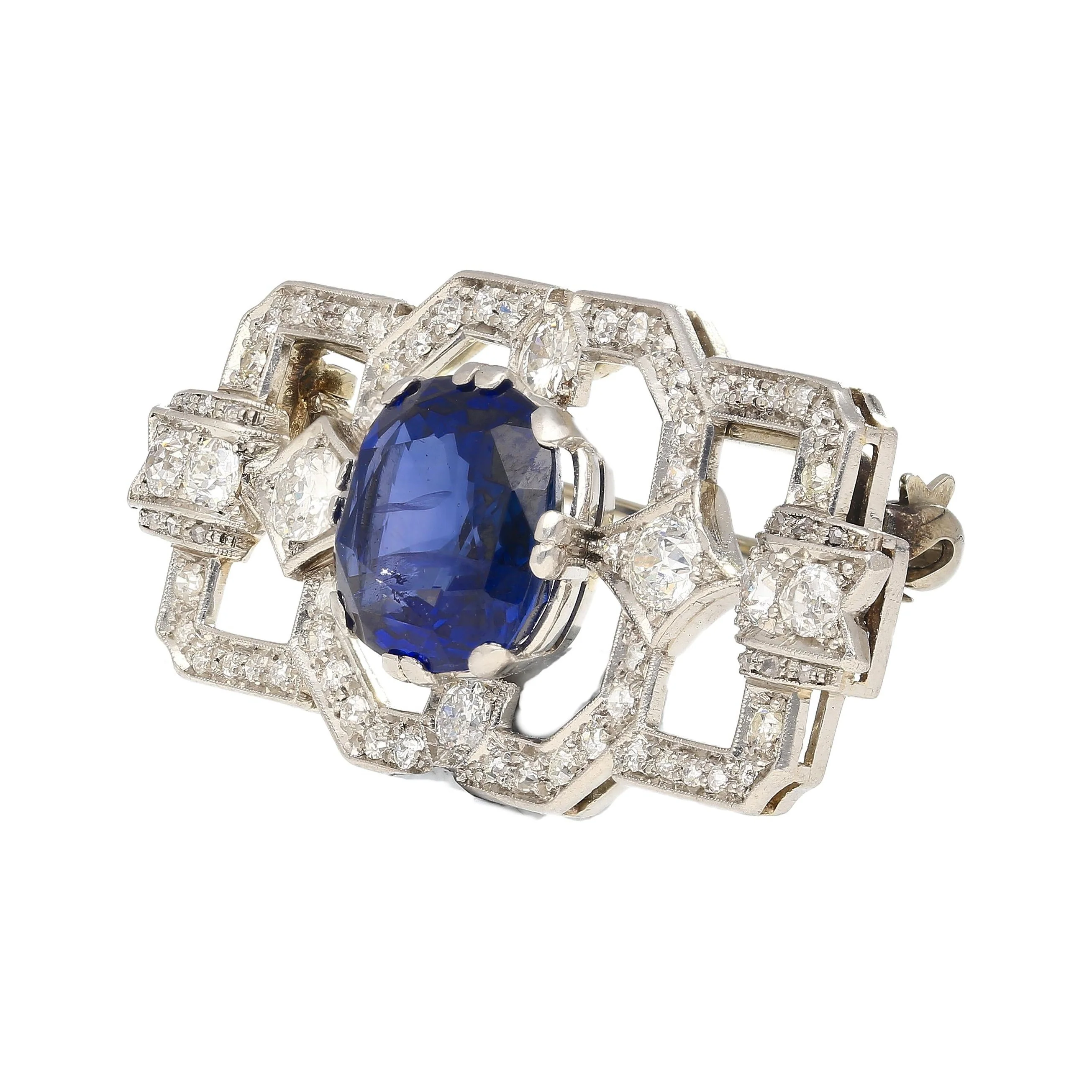 8.64 Carat AGL Certified Ceylon Cushion Cut Blue Sapphire and Diamond Brooch Pin - Image 3