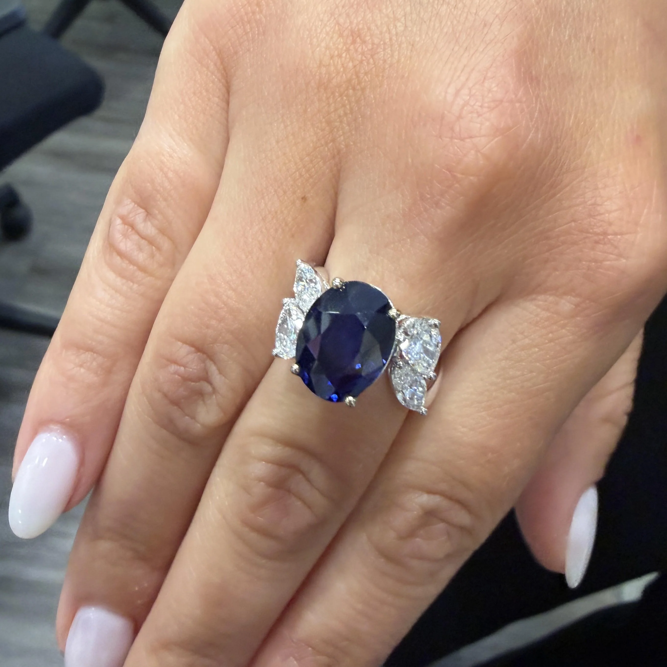 9.5 Carat No Heat Blue Sapphire and Pear Diamond Wing Ring - Image 8