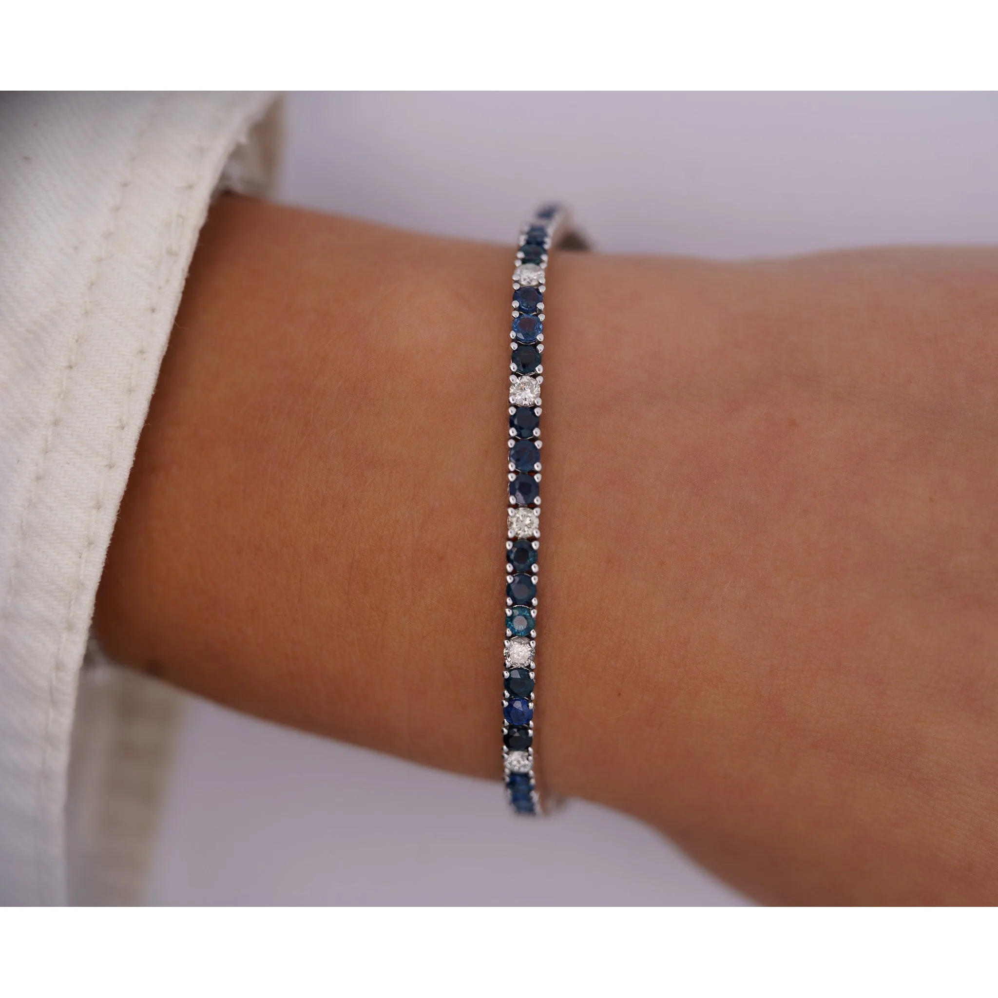 9 Carat Natural Blue Sapphire and Diamond Tennis Bracelet in 18K White Gold | 7 Inch 3MM - Image 2